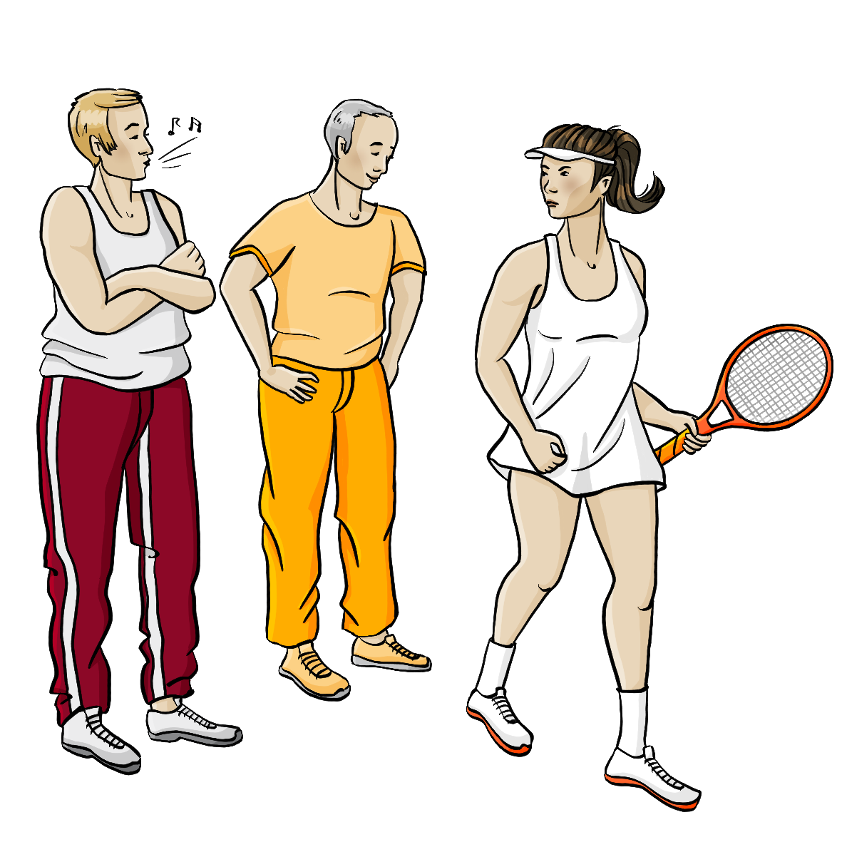Zwei Männer in Sportkleidung schauen einer Frau hinterher. Der eine Mann pfeift. Die Frau trägt ein kurzes Tenniskleid und einen Tennisschläger. Sie schaut wütend.