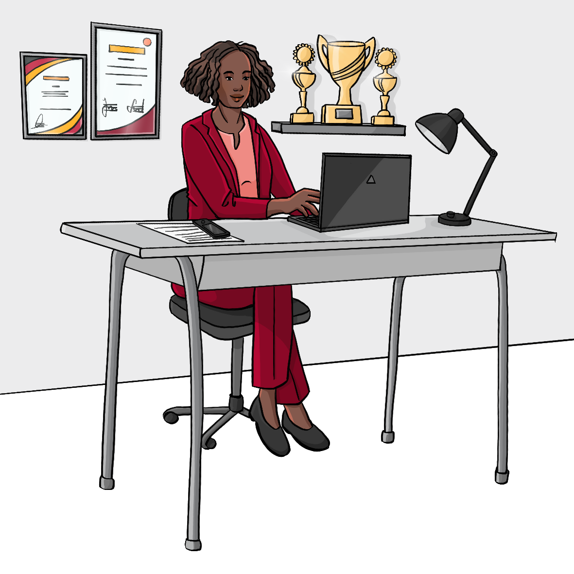 Eine Frau sitzt am Schreibtisch und schreibt am Laptop. Hinter ihr an der Wand hängen gerahmte Urkunden und ein Regal mit Pokalen.