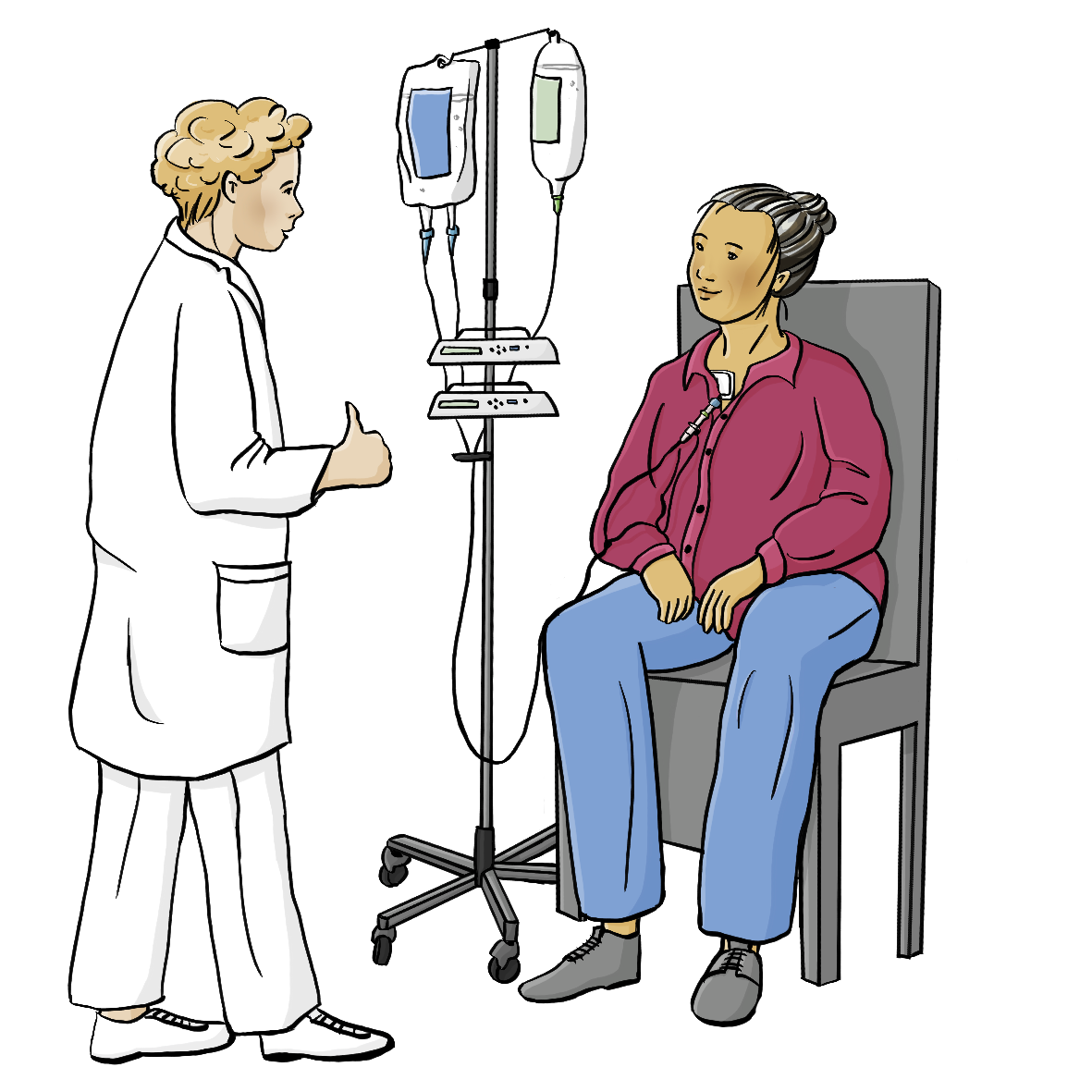 Eine Frau sitzt auf einem Stuhl. Neben ihr steht ein Infusionsständer. Von dem Ständer führen Schläuche zum Brustkorb der Frau. Die Frau lächelt eine Ärztin an. Die Ärztin lächelt und streckt den Daumen nach oben.