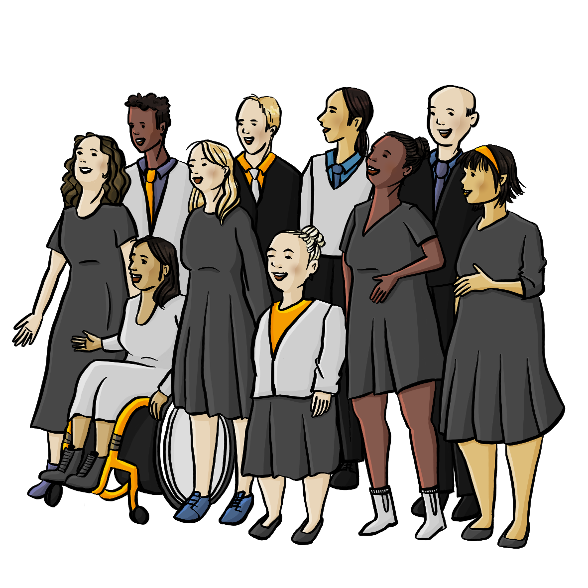 Eine Gruppe Menschen singt zusammen. Es sind verschieden alte Männer und Frauen mit verschiedenen Hautfarben. Es sind Menschen mit und ohne Behinderung.