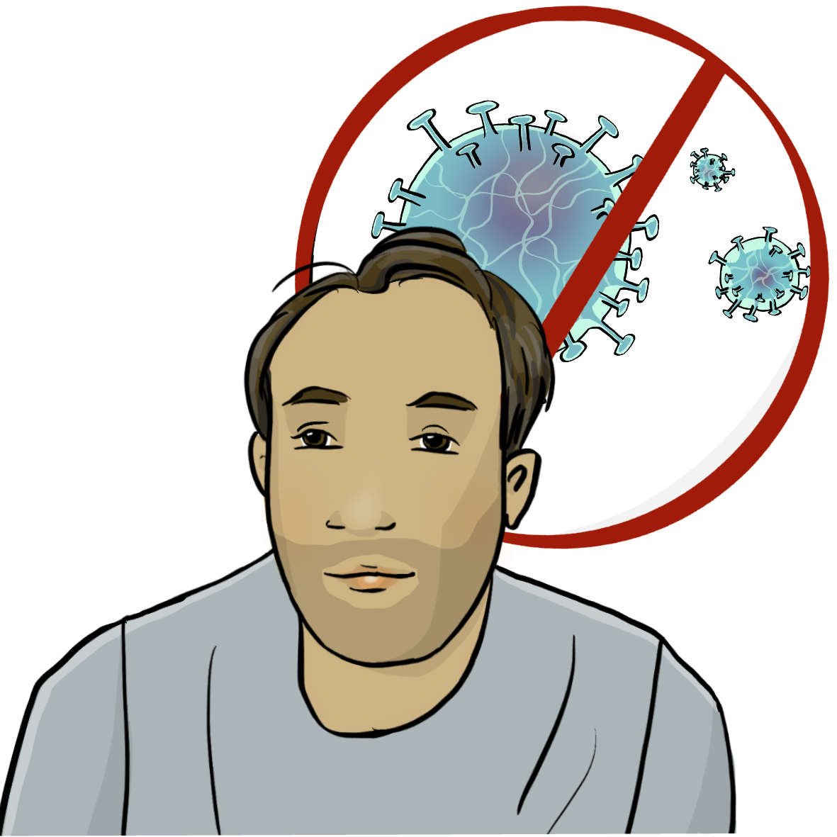 Ein Mann. Hinter dem Mann ist ein Kreis mit einem rot durchgestrichenen Corona-Virus.