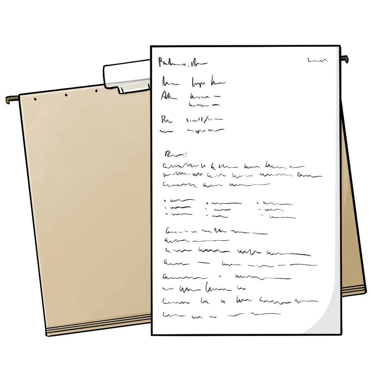 Eine Patienten-Akte. Auf der Akte liegt ein Zettel mit Schrift.