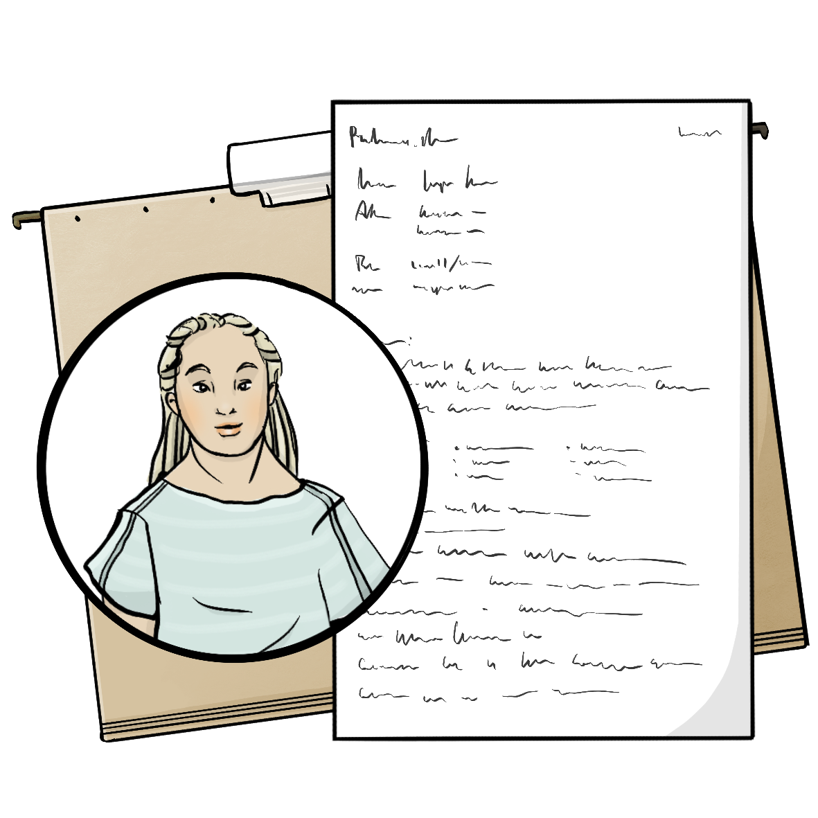 Eine Patienten-Akte. Auf der Akte liegt ein Zettel mit Schrift. Daneben ist ein Kreis mit dem Gesicht von einer Frau.