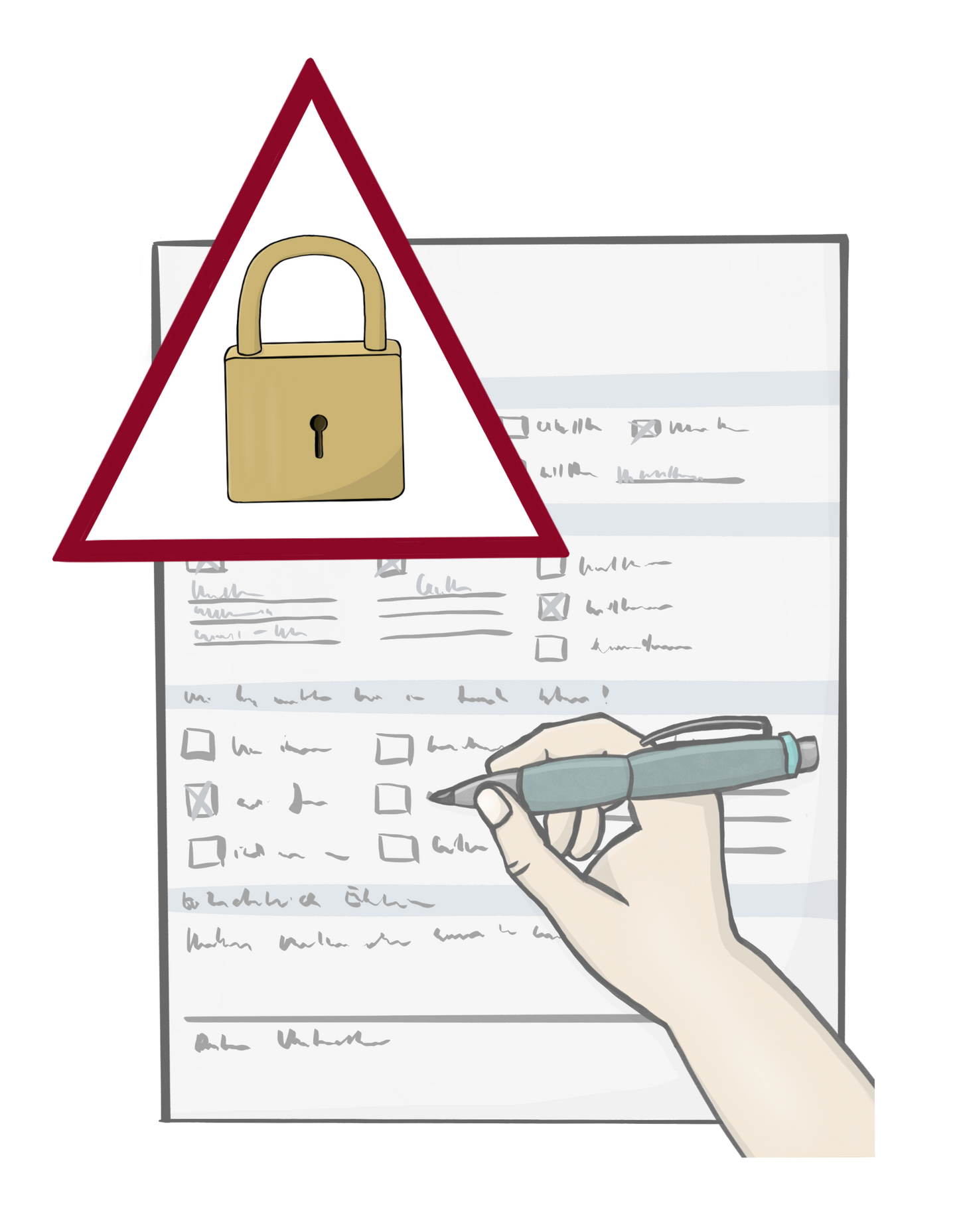 Eine Hand füllt ein Formular aus. Am oberen Rand des Formulars ist ein rotes Warndreieck mit einem Vorhängeschloss.