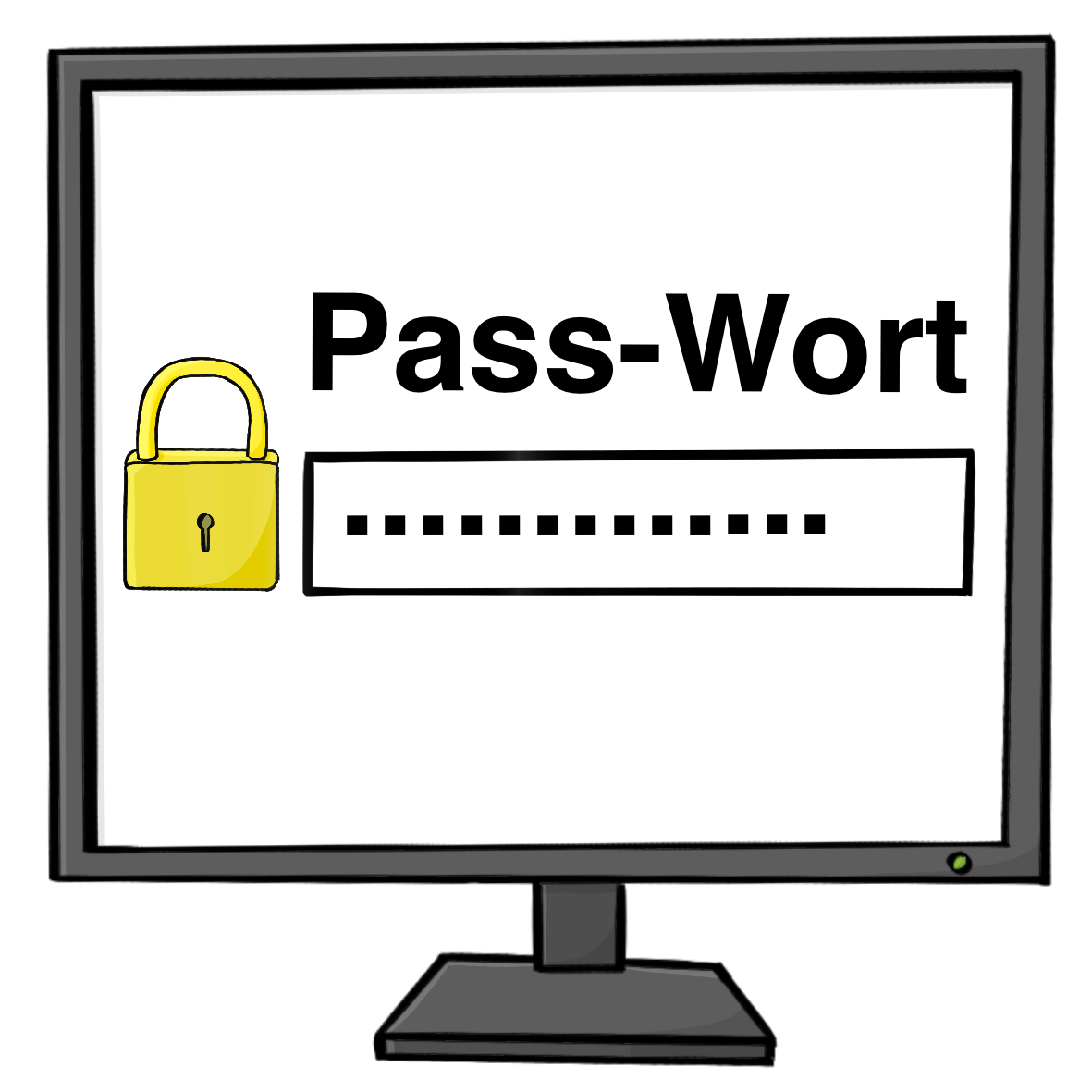 Ein Computer-Bildschirm. Auf dem Bildschirm steht: Passwort. Darunter ist ein Vorhängeschloss und ein Eingabefeld. Im Eingabefeld ist eine Reihe von Punkten.