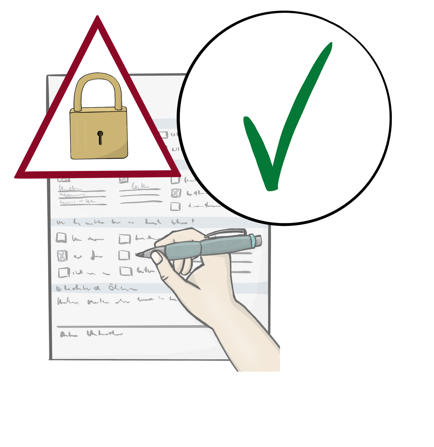 Eine Hand füllt ein Formular aus. Am oberen Rand des Formulars ist ein rotes Warndreieck mit einem Vorhängeschloss. Daneben ist ein Kreis mit einem grünen Häkchen.
