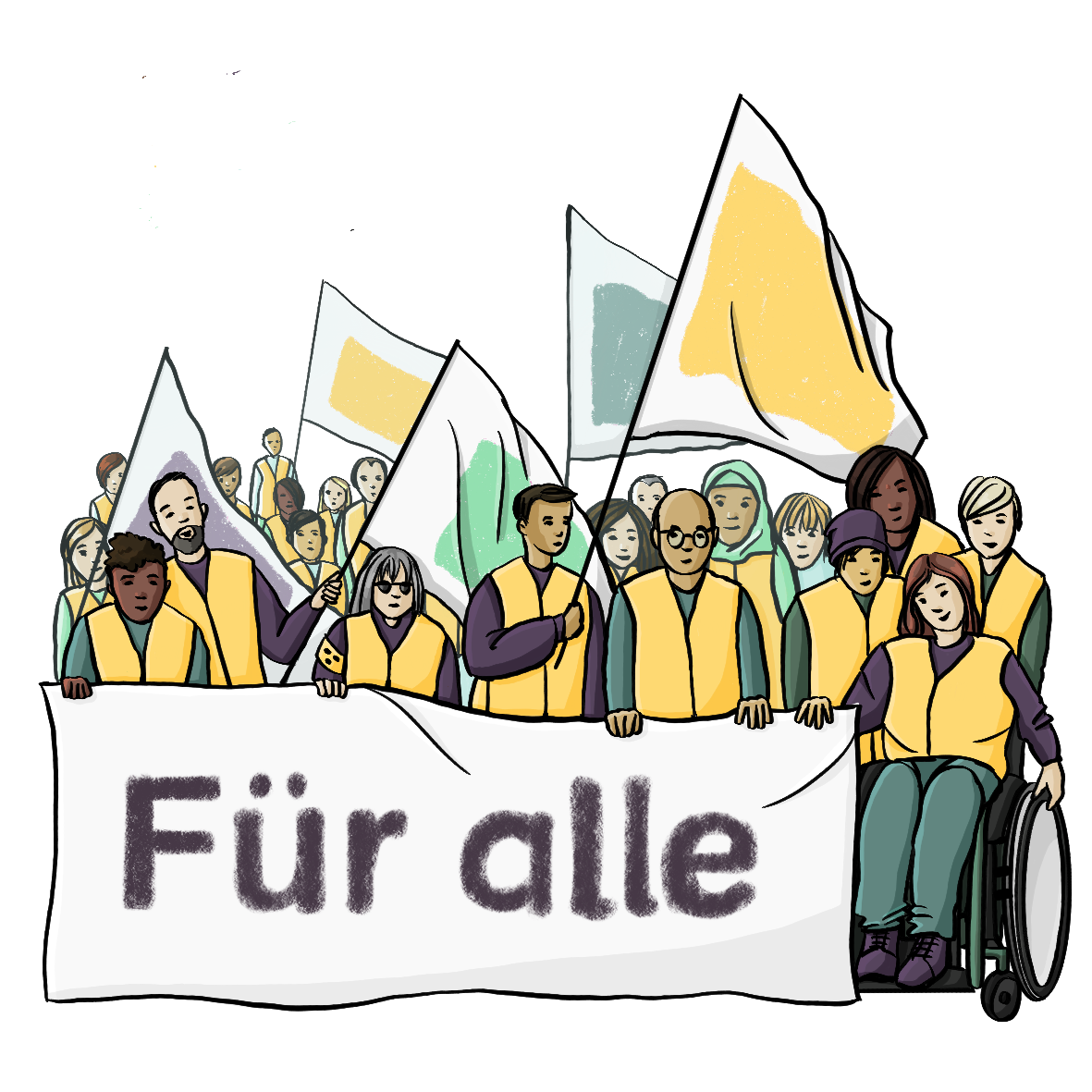 Eine Menschenmenge mit Fahnen. Alle tragen gelbe Westen. Die vordere Reihe hält ein großes Banner mit der Aufschrift: Für alle.