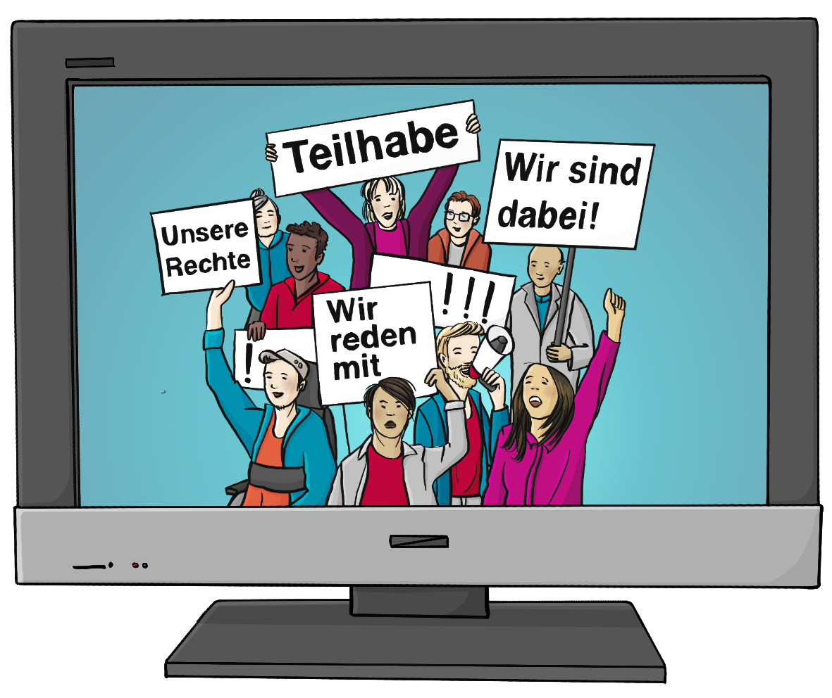 Ein Fernseher. Auf dem Bildschirm ist eine Menschengruppe. Sie halten Schilder in die Höhe mit den Aufschriften: Teilhabe, Wir sind dabei, Unsere Rechte, wir reden mit.