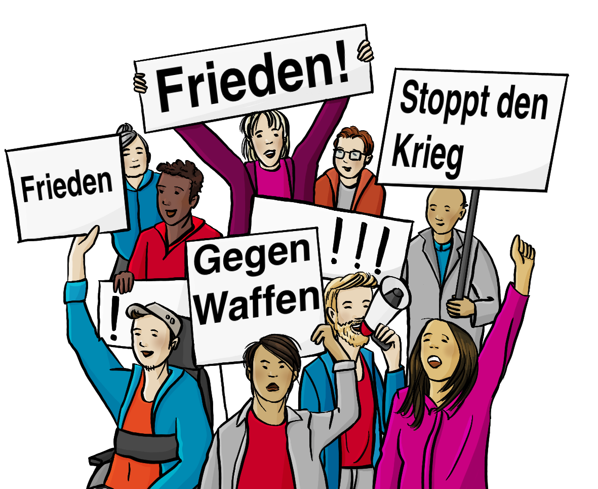 Verschiedene Menschen machen eine Demonstration. Sie halten Schilder hoch. Auf den Schildern steht: Frieden. Gegen Waffen. Und: Stoppt den Krieg.