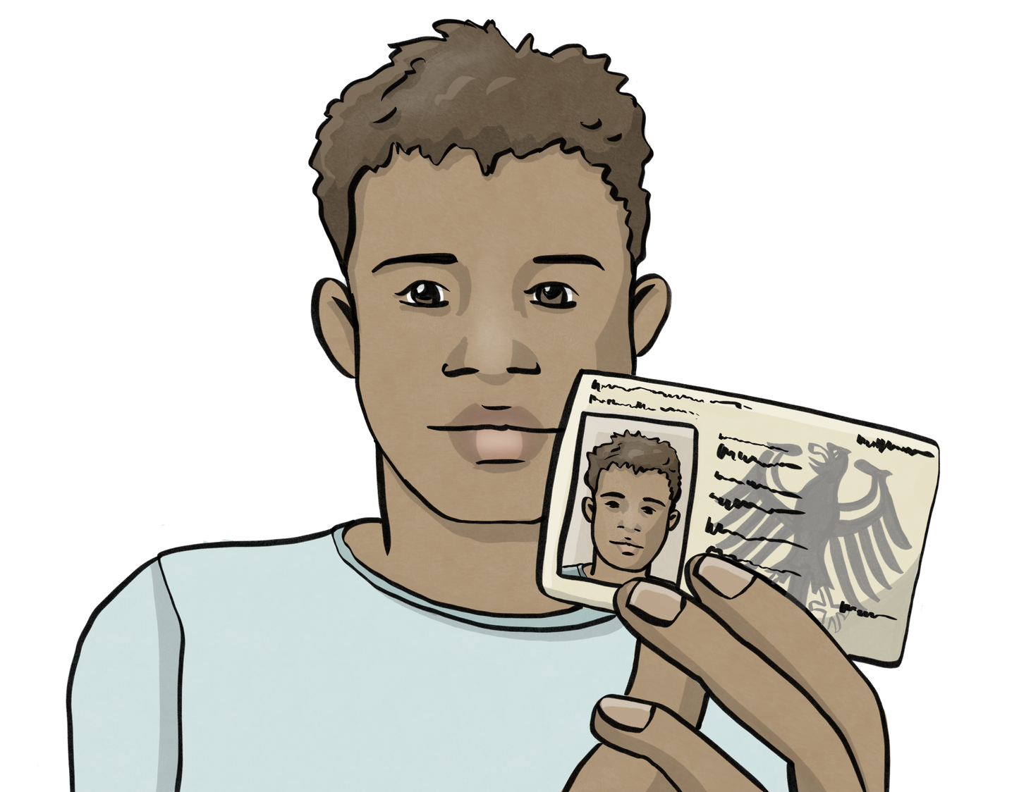 Ein schwarzer Mann. Er hält einen deutschen Personal-Ausweis in der Hand.