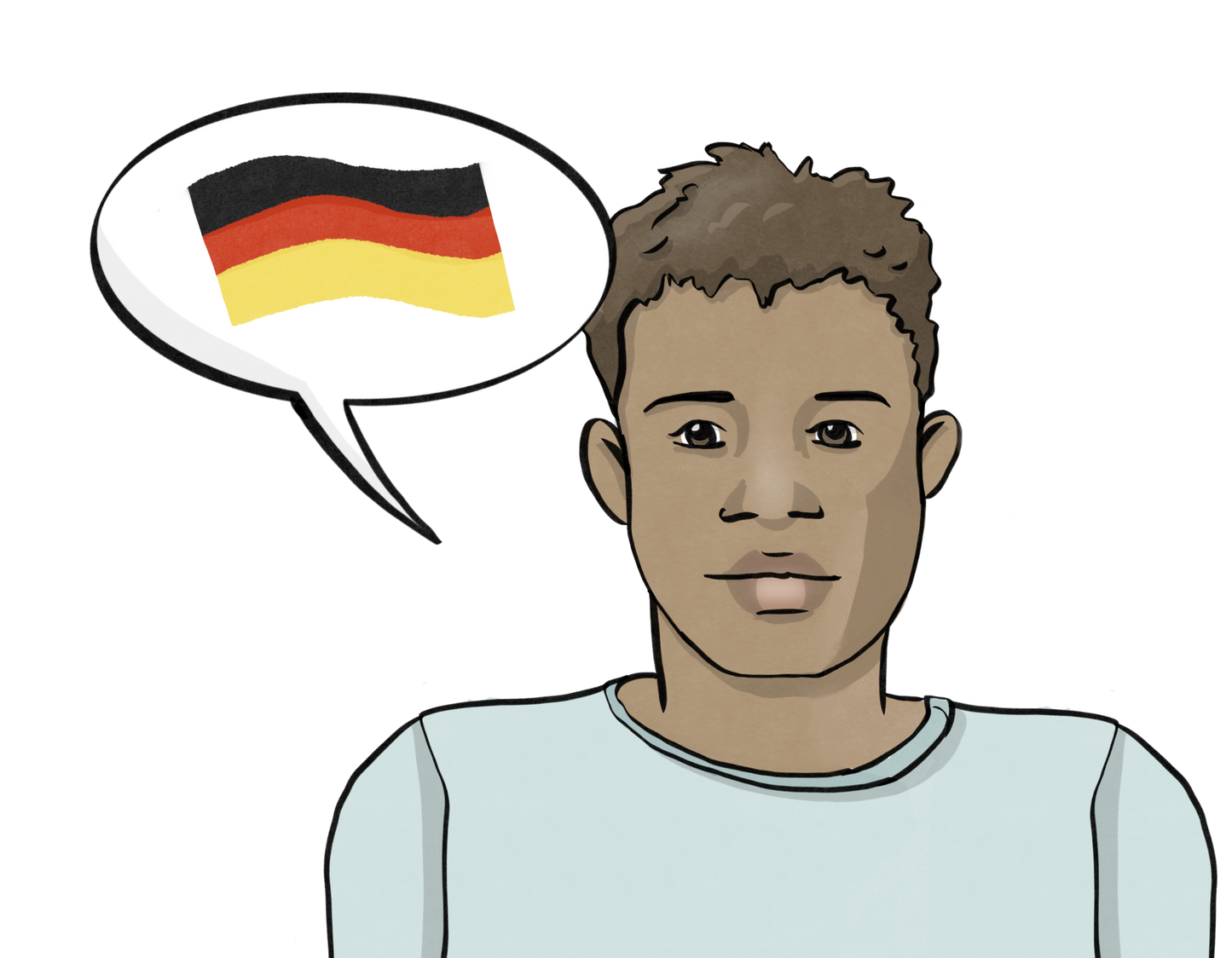 Ein schwarzer Mann. Neben dem Gesicht ist eine Sprechblase mit der deutschen Flagge.