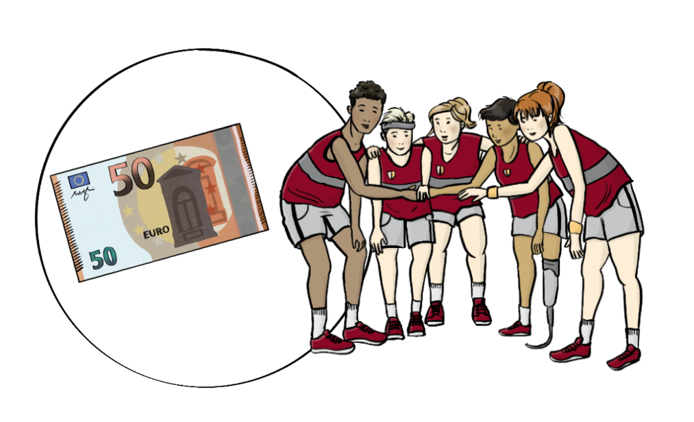 Eine Gruppe junger Menschen in Sport-Trikots. Es sind Menschen mit und ohne Behinderung. Die Menschen stehen im Kreis und haben die Hände in die Mitte gestreckt. Die Hände liegen aufeinander. Neben dem Bild ist ein Kreis mit Geld.