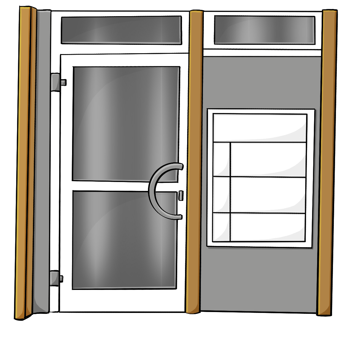 Eine Eingangstür mit großen Glasscheiben. Neben der Tür an der Wand hängen drei weiße Briefkästen.