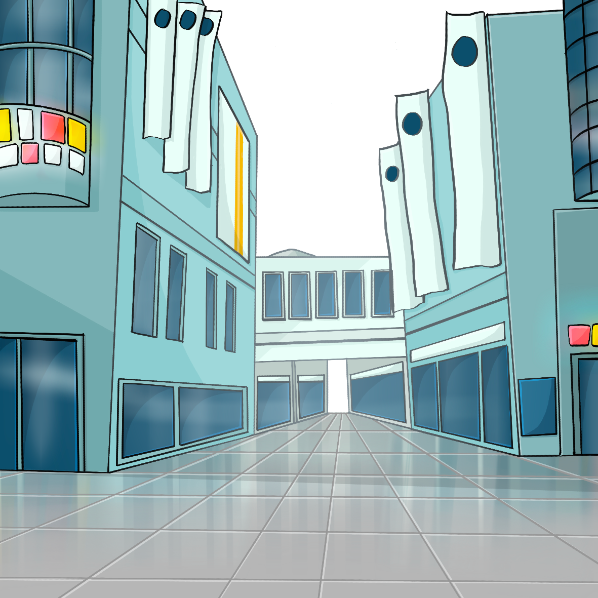 Ein gepflasterter Weg. Links und rechts stehen hohe Gebäude mit großen Fenstern und Schildern.