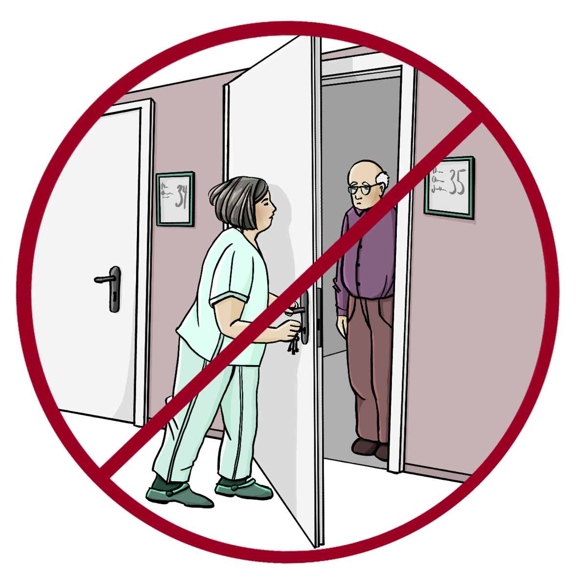 Ein Flur mit mehreren Türen. Eine Frau in helltürkiser Hose und Kittel schließt von außen eine Tür. Sie hat einen Schlüsselbund in der Hand. Hinter der Tür steht ein älterer Mann und schaut traurig. Das Bild ist durchgestrichen.