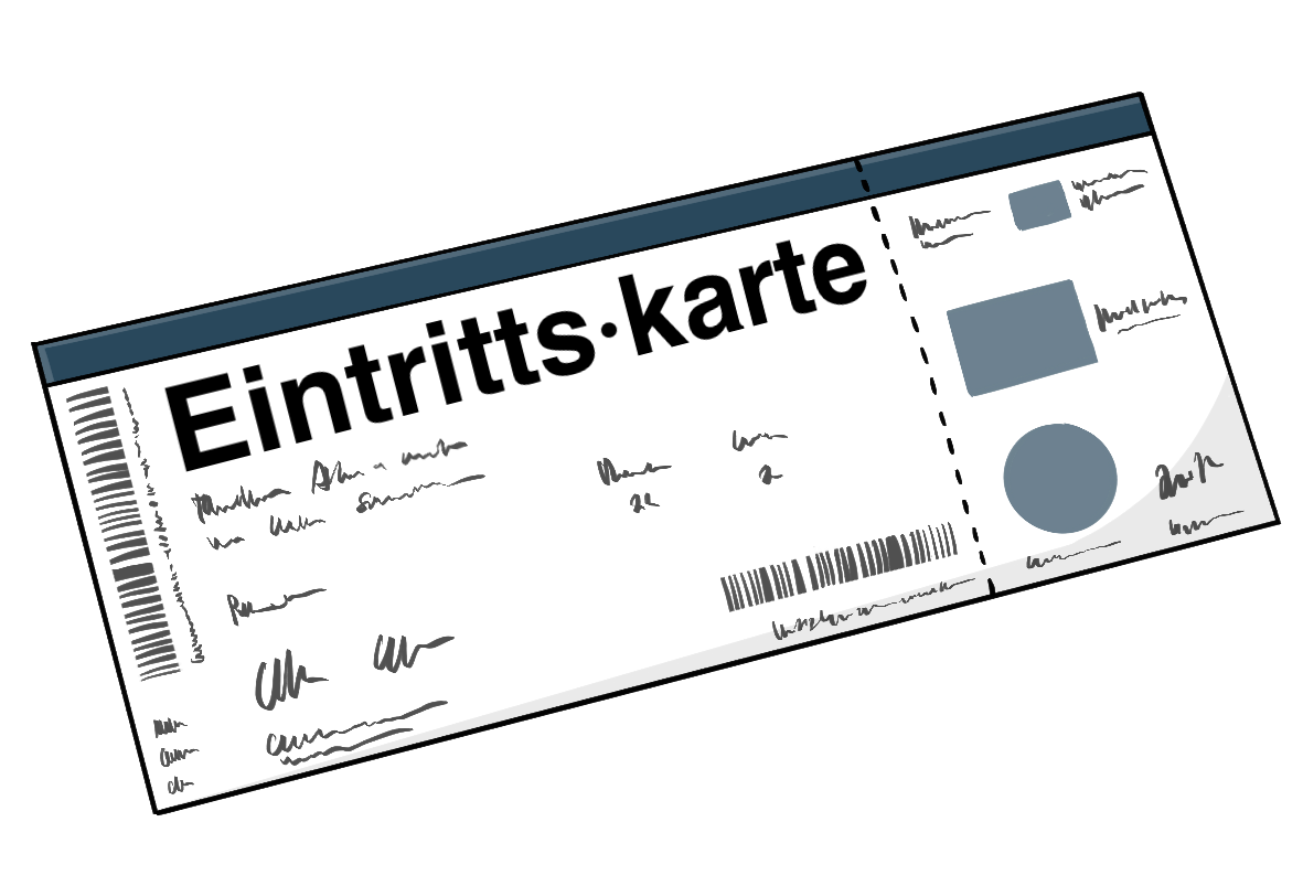 Eine längliche Karte mit der Aufschrift: Eintrittskarte. Das Wort ist mit einem Mediopunkt getrennt.