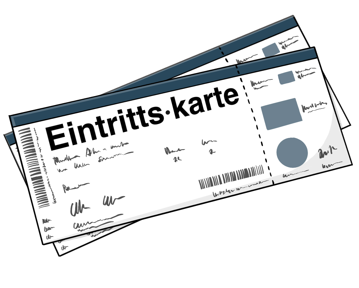 Zwei längliche Karten mit der Aufschrift: Eintrittskarte. Das Wort ist mit einem Mediopunkt getrennt.