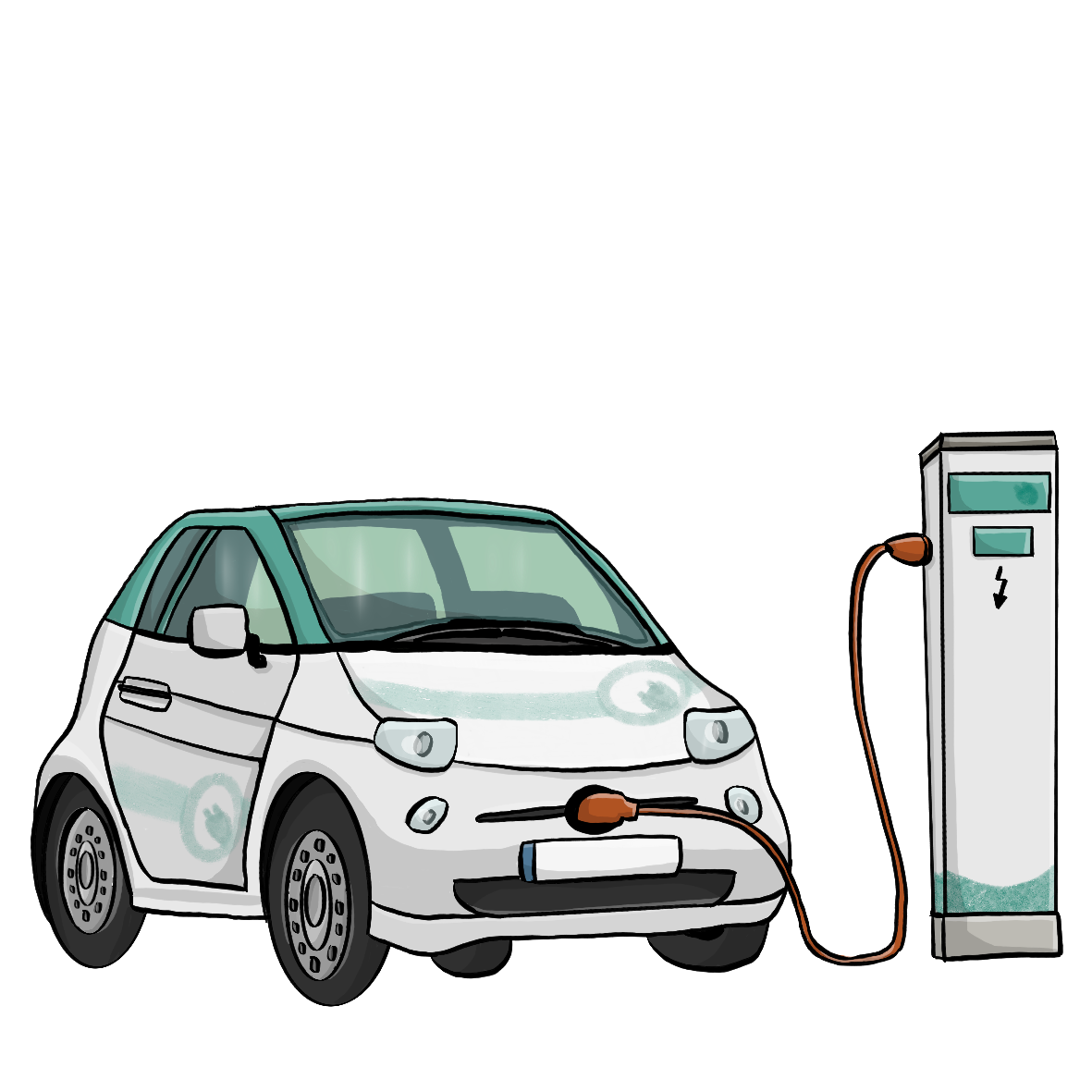 Ein Elektroauto ist durch ein Kabel mit einer Ladestation verbunden.