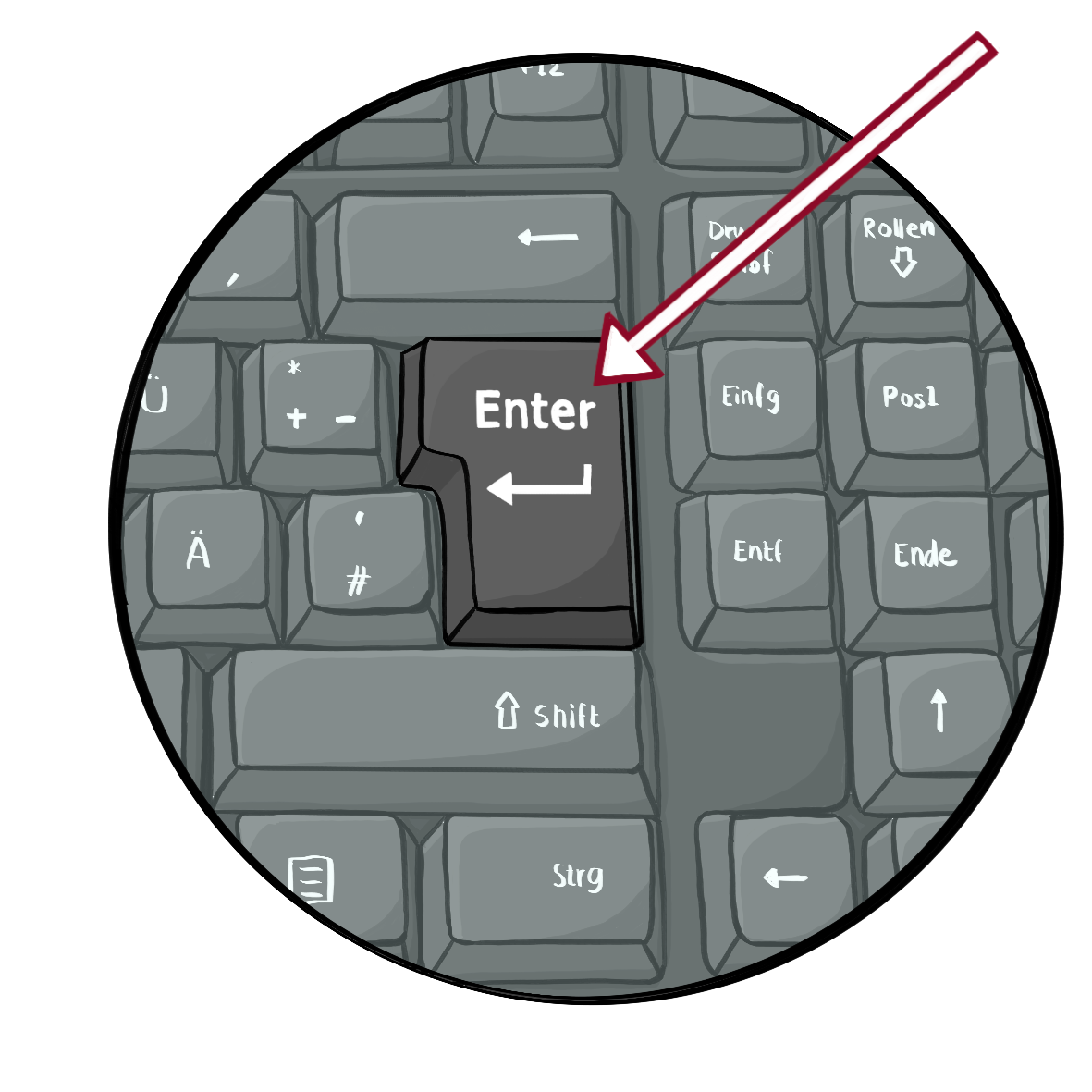 Ein Kreis mit dem Ausschnitt einer Computer-Tastatur. Ein Pfeil zeigt auf die Enter-Taste.