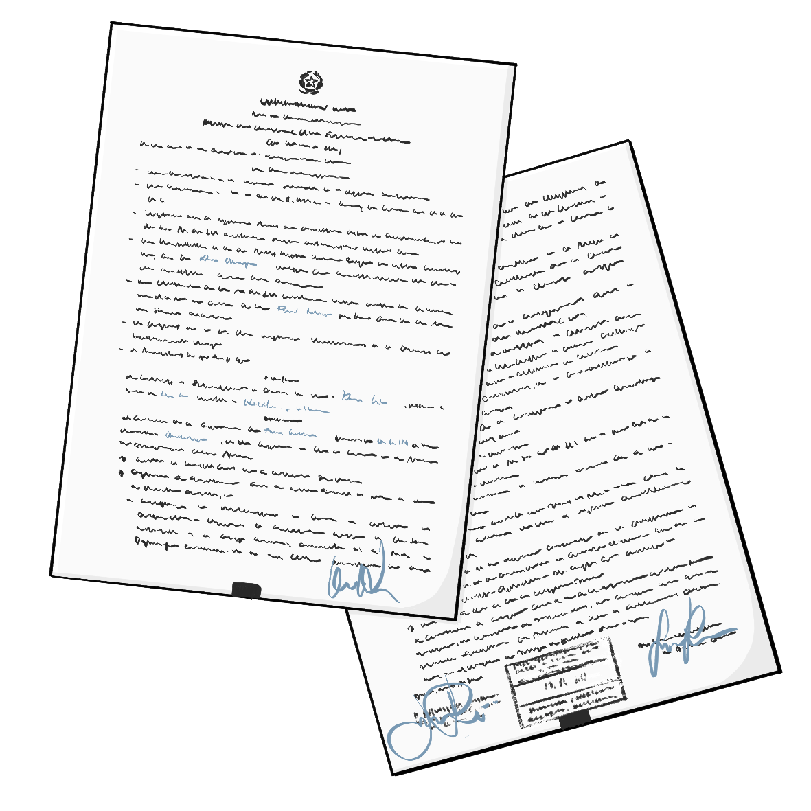 Zwei DinA4 Blätter sind eng mit Text beschrieben. Untern auf den Blättern sind Stempel und Unterschriften.