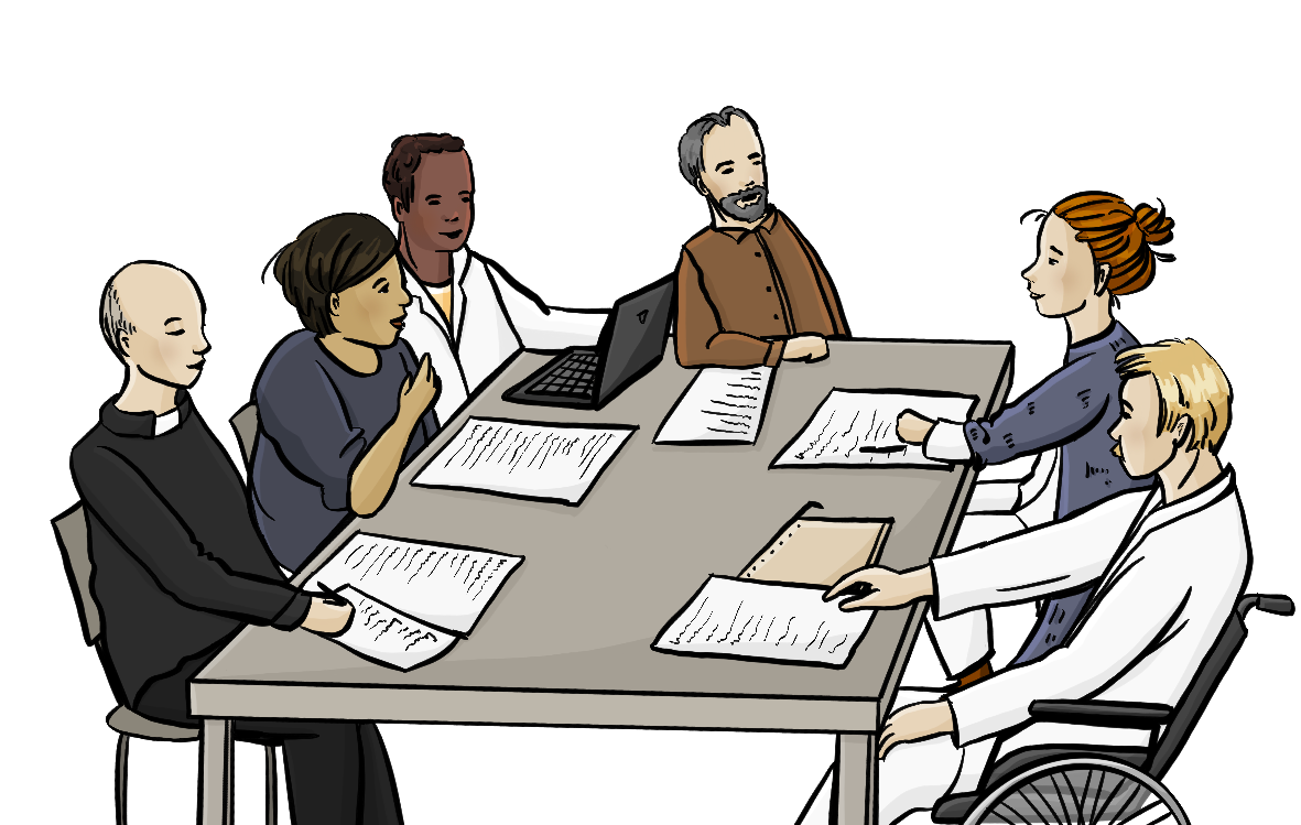 Eine Gruppe Menschen sitzt um einen Tisch. Auf dem Tisch liegen Papiere. Es sind Ärzte dabei und ein Pfarrer.