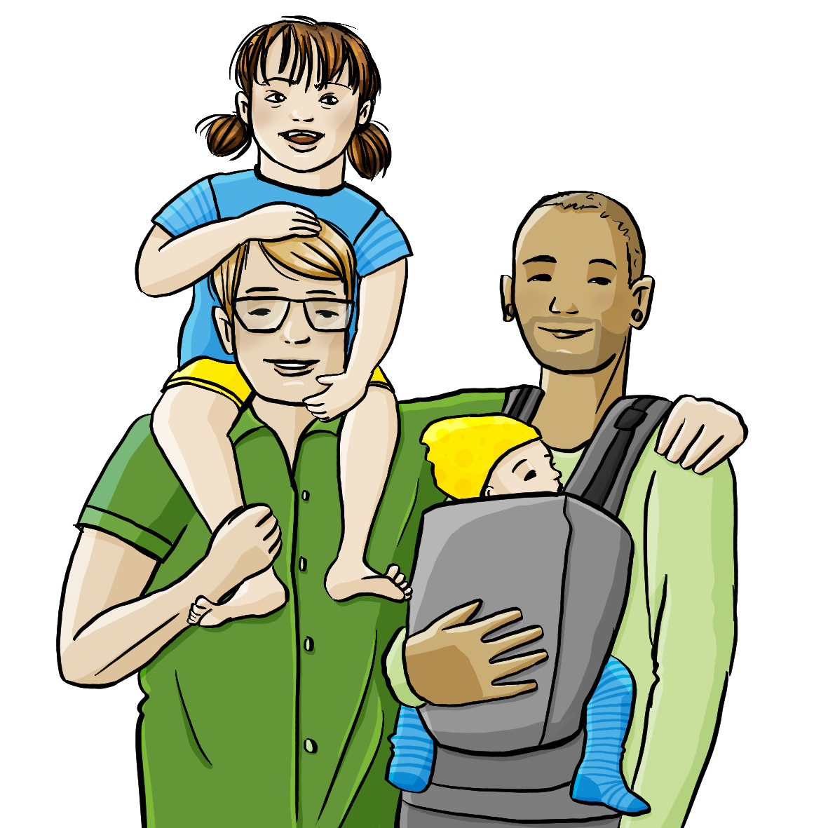 Ein Mann mit einem Mädchen auf den Schultern. Er hat den Arm um einen anderen Mann gelegt. Der andere Mann trägt ein Baby in einer Baby-Trage.