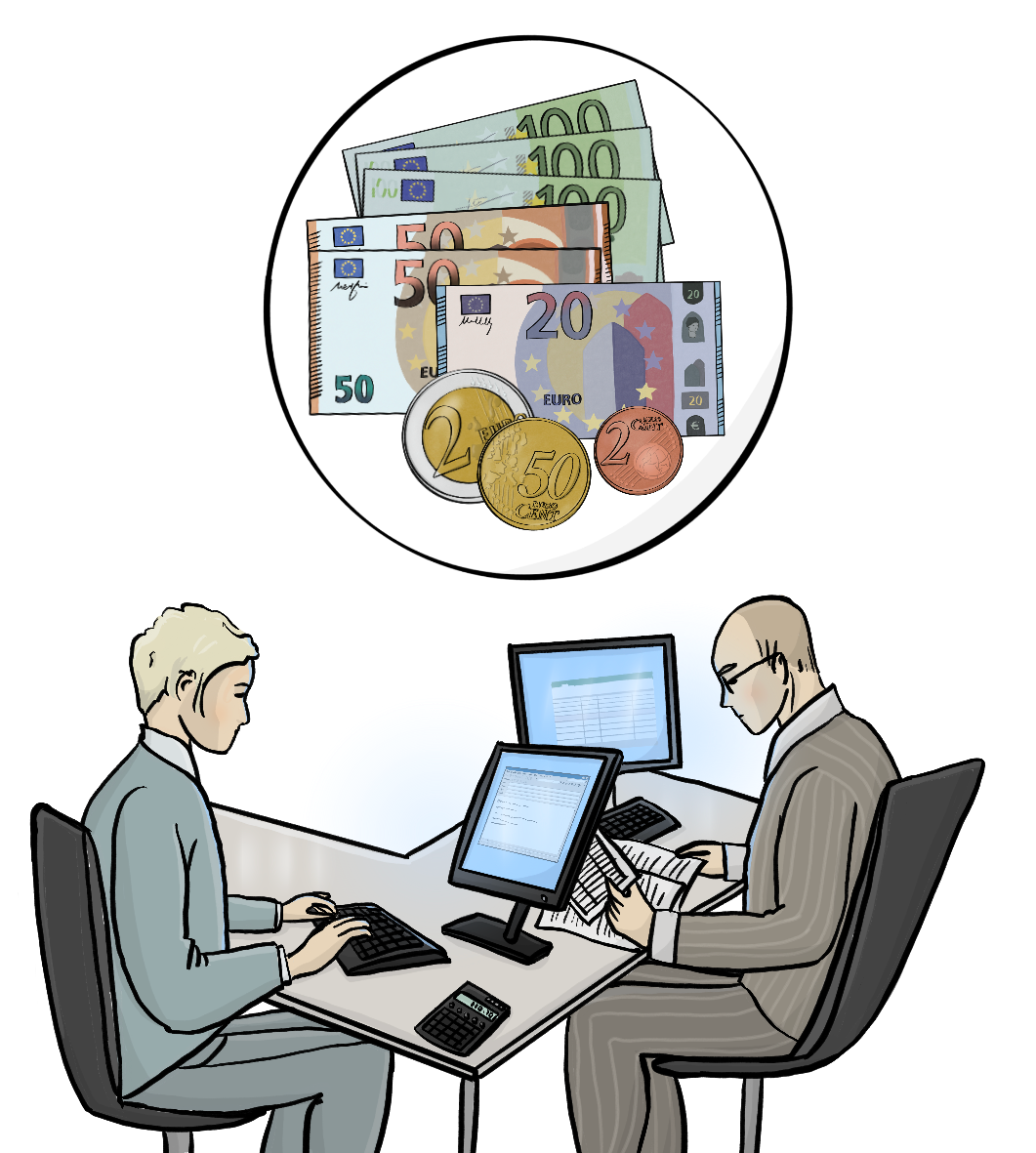 Zwei Männer sitzen gegenüber am Schreibtisch und arbeiten am Computer. Über dem Bild ist ein Kreis mit Geld.