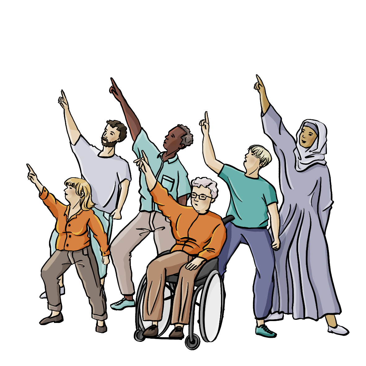 Eine Gruppe Menschen. Alle zeigen mit dem rechten Zeigefinger nach oben. Es sind Menschen mit verschiedenen Hautfarben, mit und ohne Behinderung.