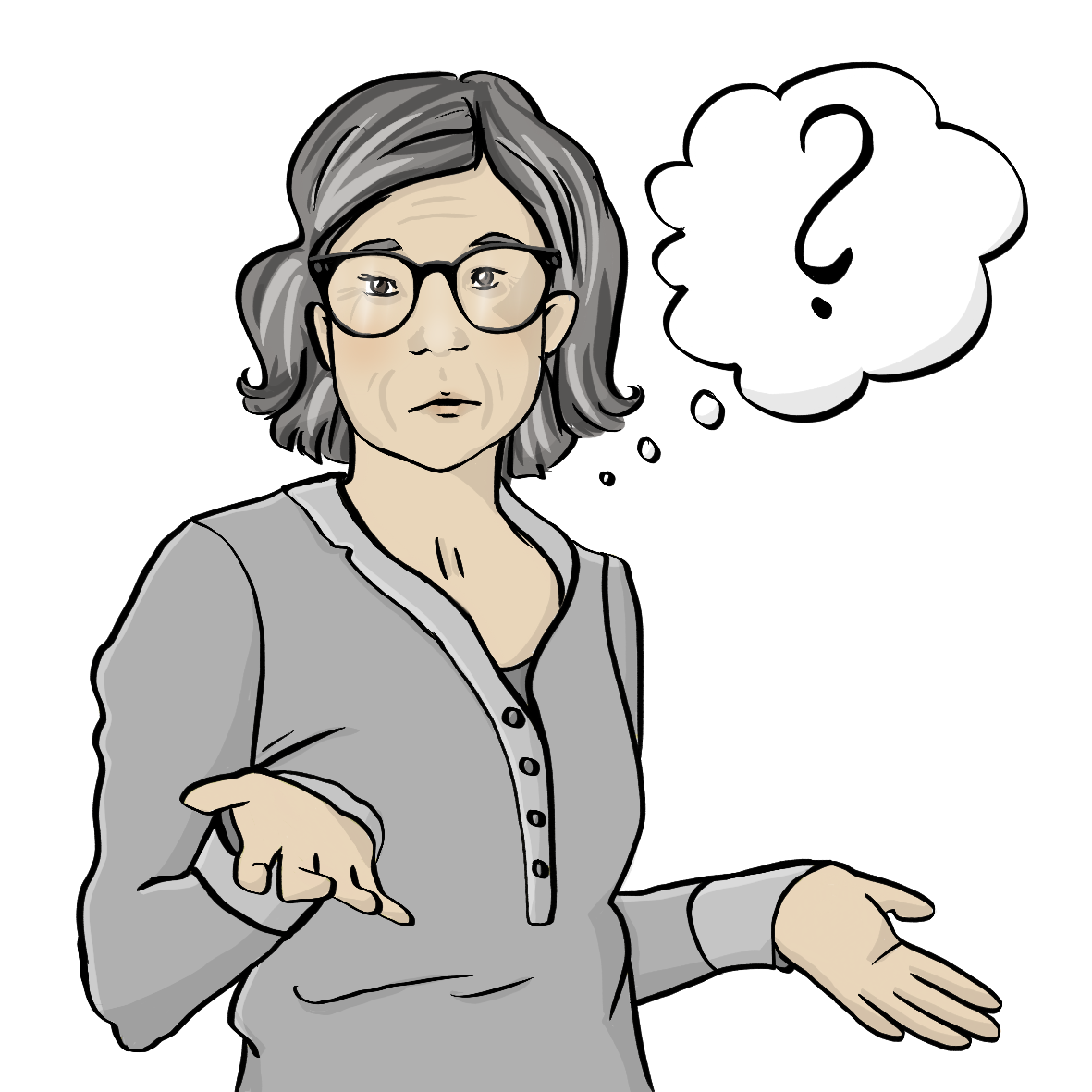 Eine Frau schaut fragend. Sie hält die Hände neben dem Körper, die Handflächen zeigen nach oben. Neben der Frau ist eine Denkblase mit einem Fragezeichen.