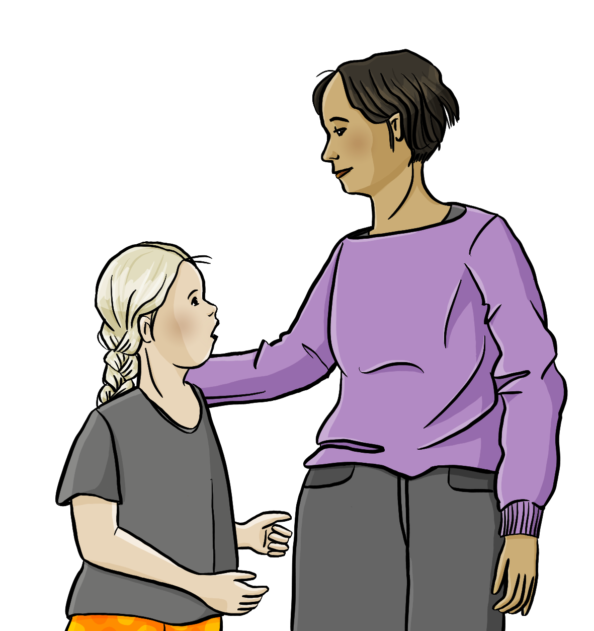 Eine Frau und ein Mädchen. Das Mädchen erzählt etwas, die Frau hat die Hand auf die Schulter vom Mädchen gelegt.