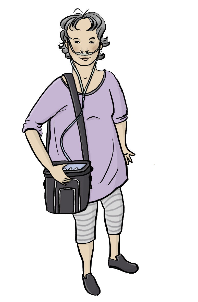 Eine Frau mit einem tragbaren Sauerstoffgerät. Sie hat einen durchsichtigen Schlauch in der Nase.