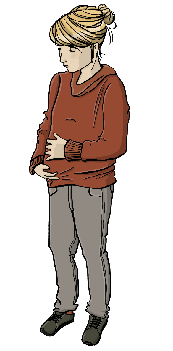 Eine Frau mit rundem Bauch. Sie hat die Hände auf den Bauch gelegt und schaut auf den Bauch.