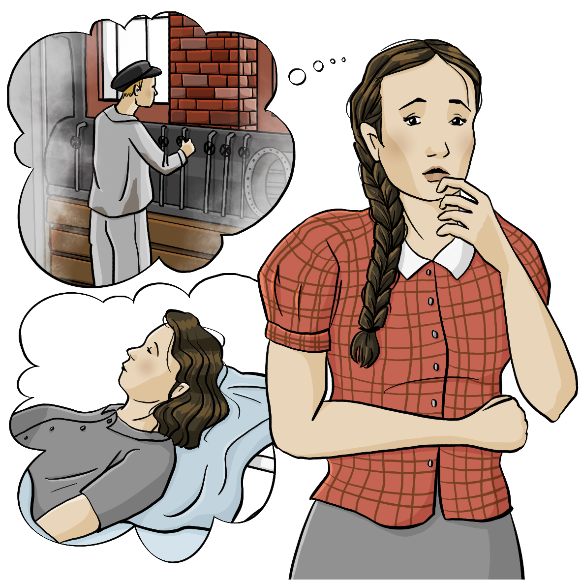 Eine Frau legt den Finger an den Mund und schaut besorgt. Neben ihr sind zwei Gedankenblasen. In der einen Blase steht ein Mann in Arbeitskleidung in einer Fabrik. In der anderen Gedankenblase liegt eine Frau in einem Pflegebett.