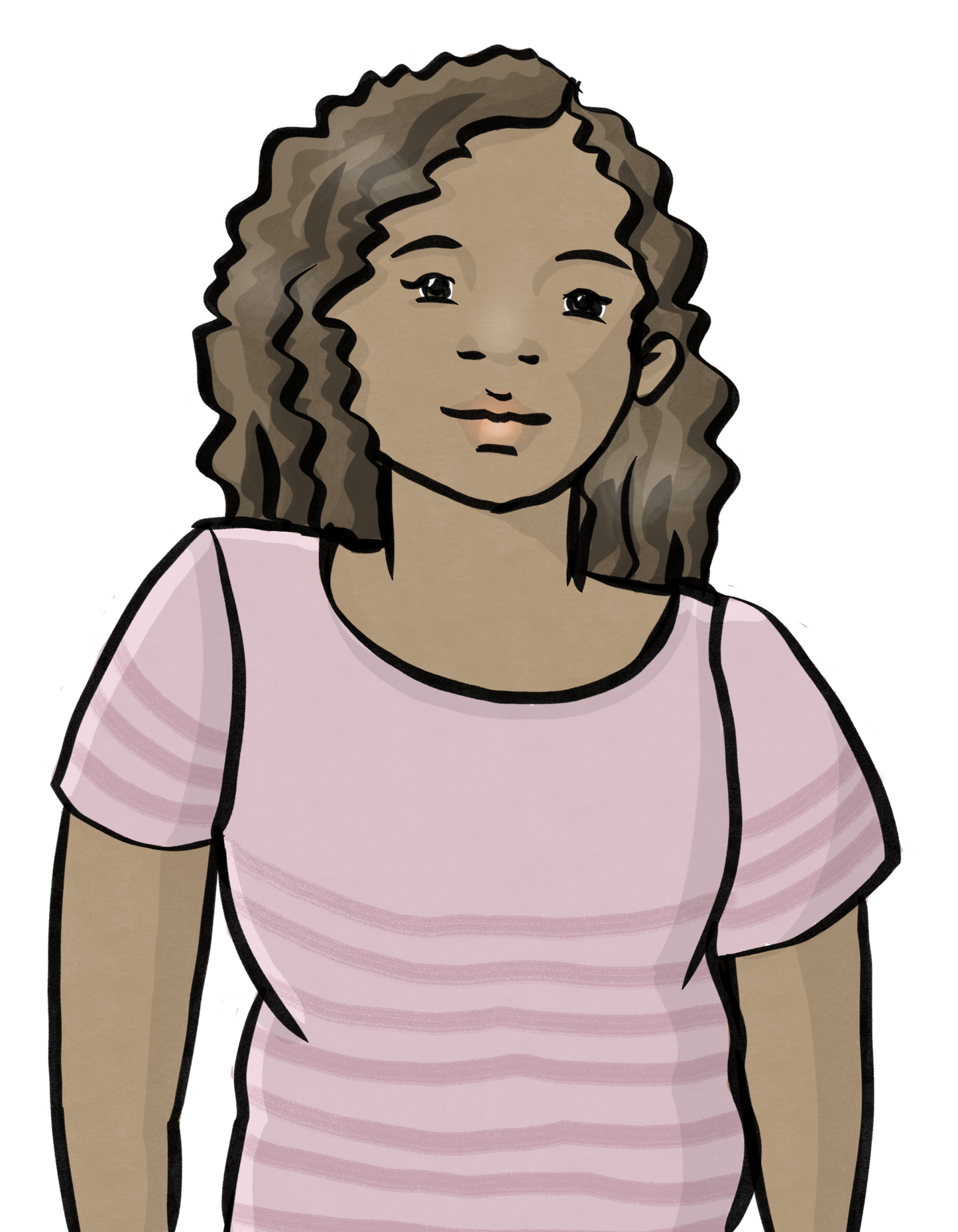 Eine Frau mit dunkler Haut und dunklen Locken. Sie trägt ein rosa T-Shirt.