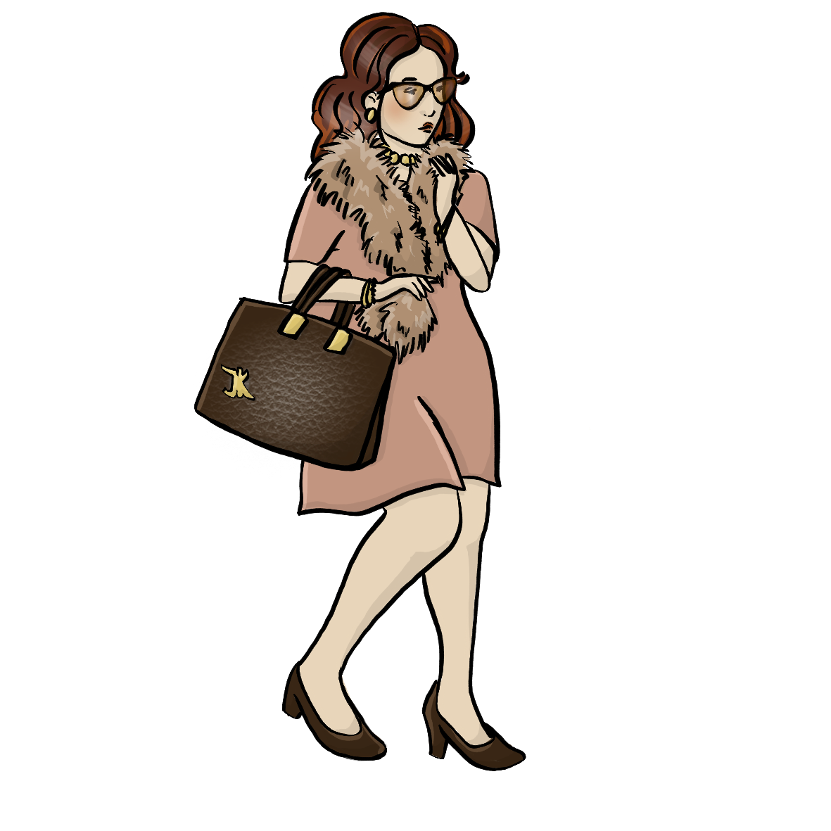 Eine Frau mit einer Handtasche. Sie trägt ein rosafarbenes Kleid, einen Pelzschal und eine Sonnenbrille.