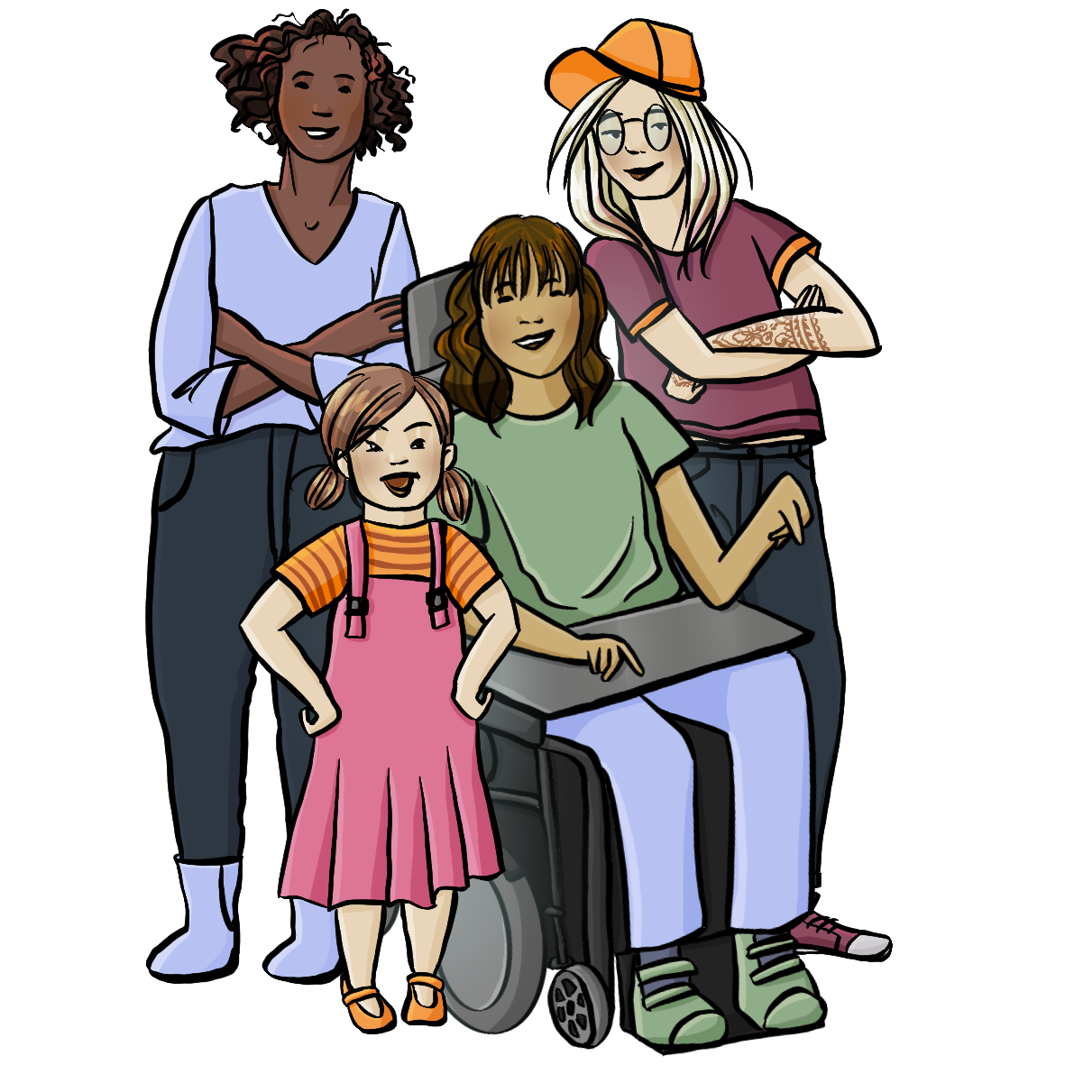 Eine Gruppe von jungen Frauen und Mädchen. Eine von ihnen sitzt im Rollstuhl. Alle lächeln selbstbewusst. Sie haben die Arme verschränkt oder in die Hüften gestemmt.