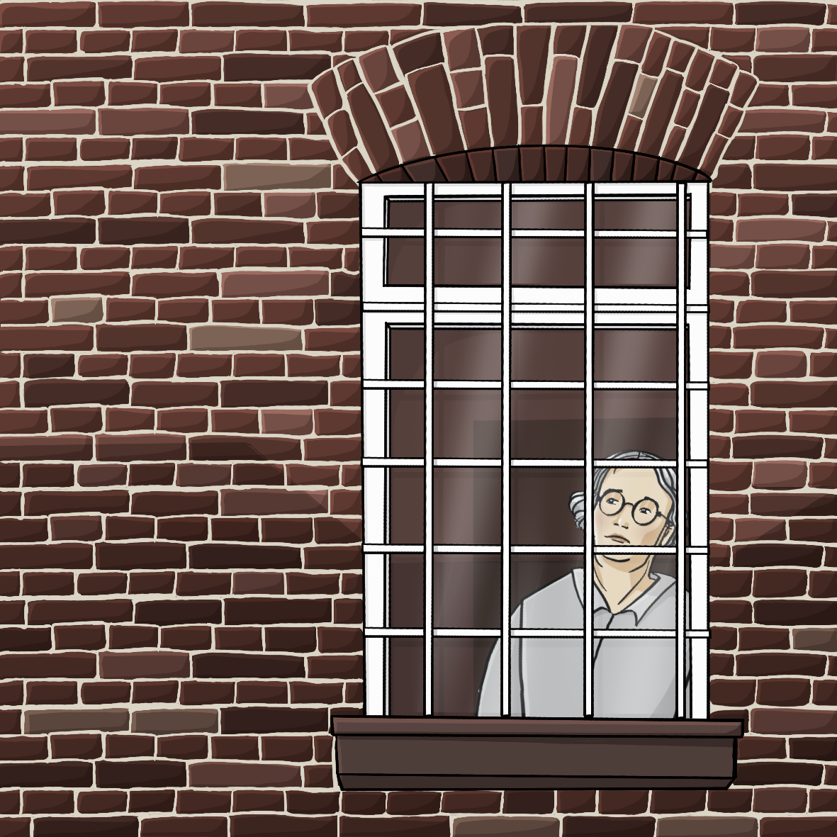 Ein Frauengesicht hinter einem vergitterten Fenster in einer Backsteinmauer.