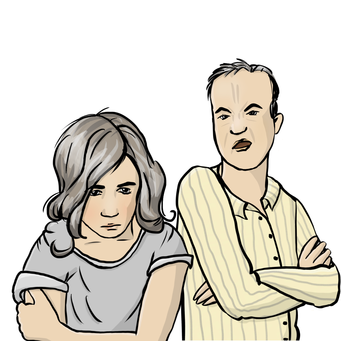 Ein Mann hat die Arme verschränkt und schaut verächtlich auf eine Frau. Die Frau hat die Arme um den Körper geschlungen und weint.