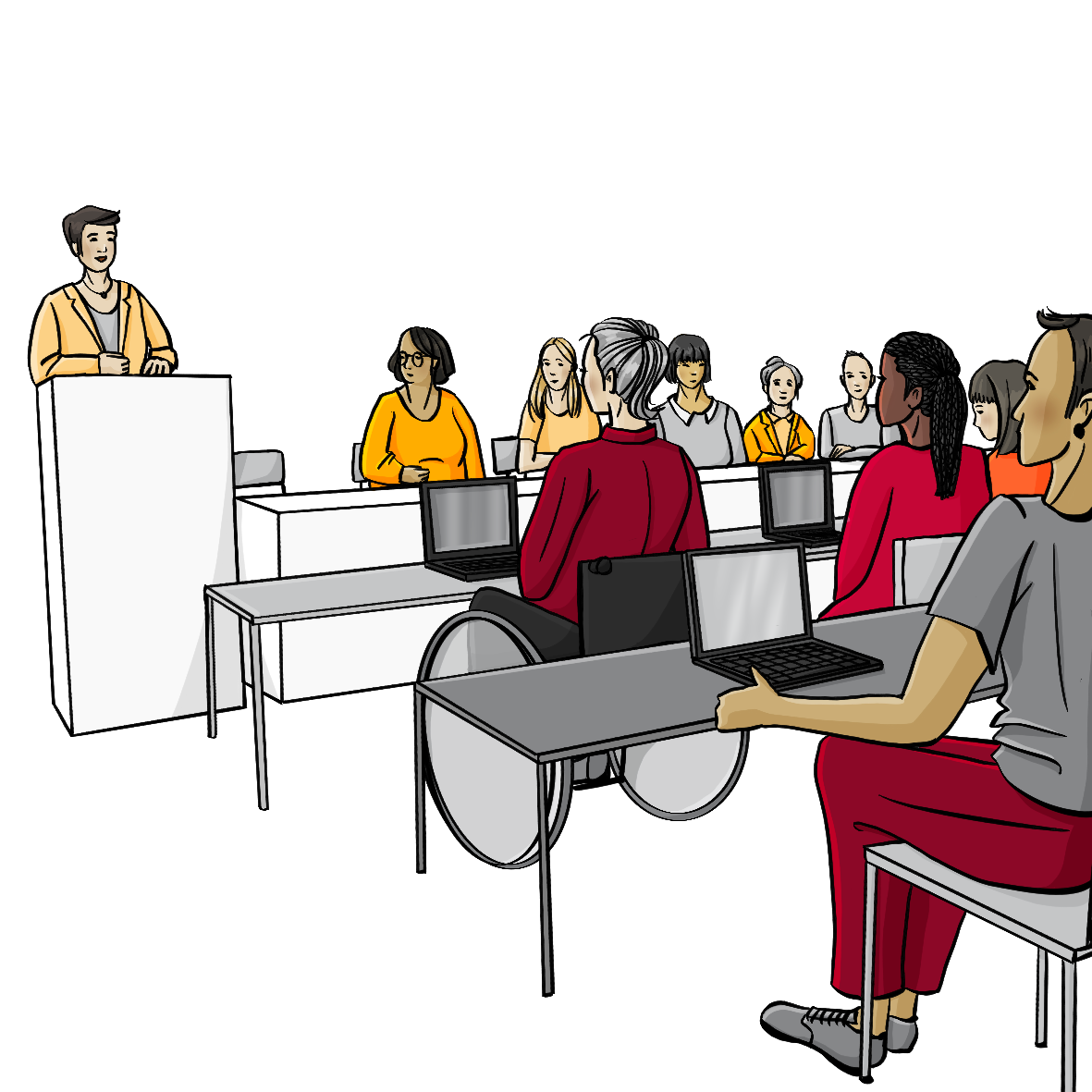 Eine Frau steht an einem Rednerpult. Neben ihr sitzen Frauen an einem langen Tisch. Gegenüber sitzen weitere Frauen an Tischen. Vereinzelt sind auch Männer dabei.