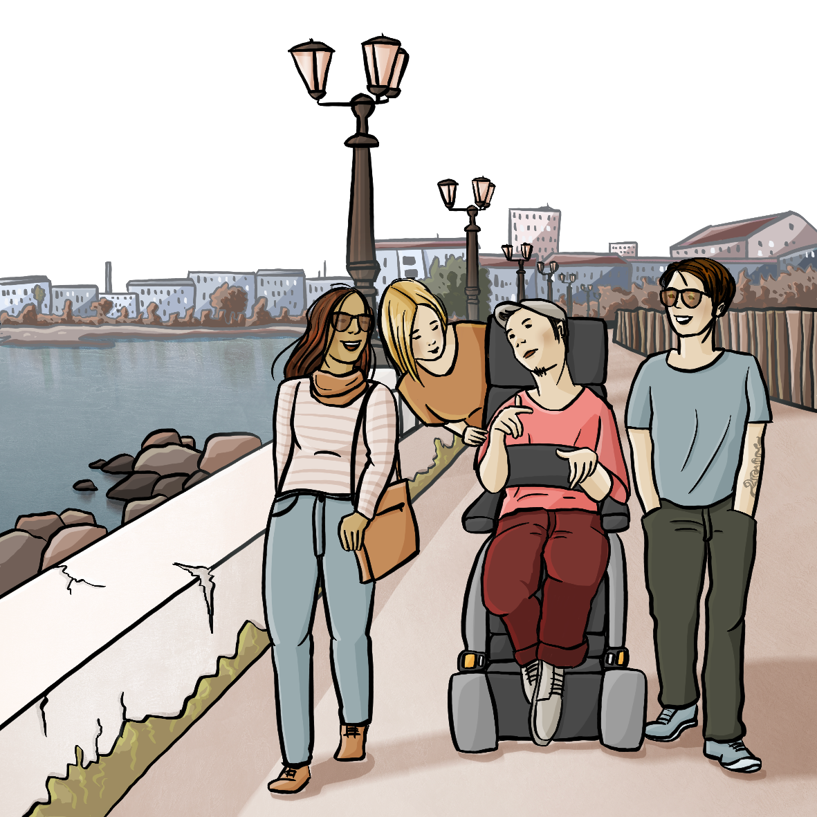 Eine Gruppe junger Leute läuft an einer Strandpromenade entlang. Einer von ihnen sitzt im Rollstuhl.