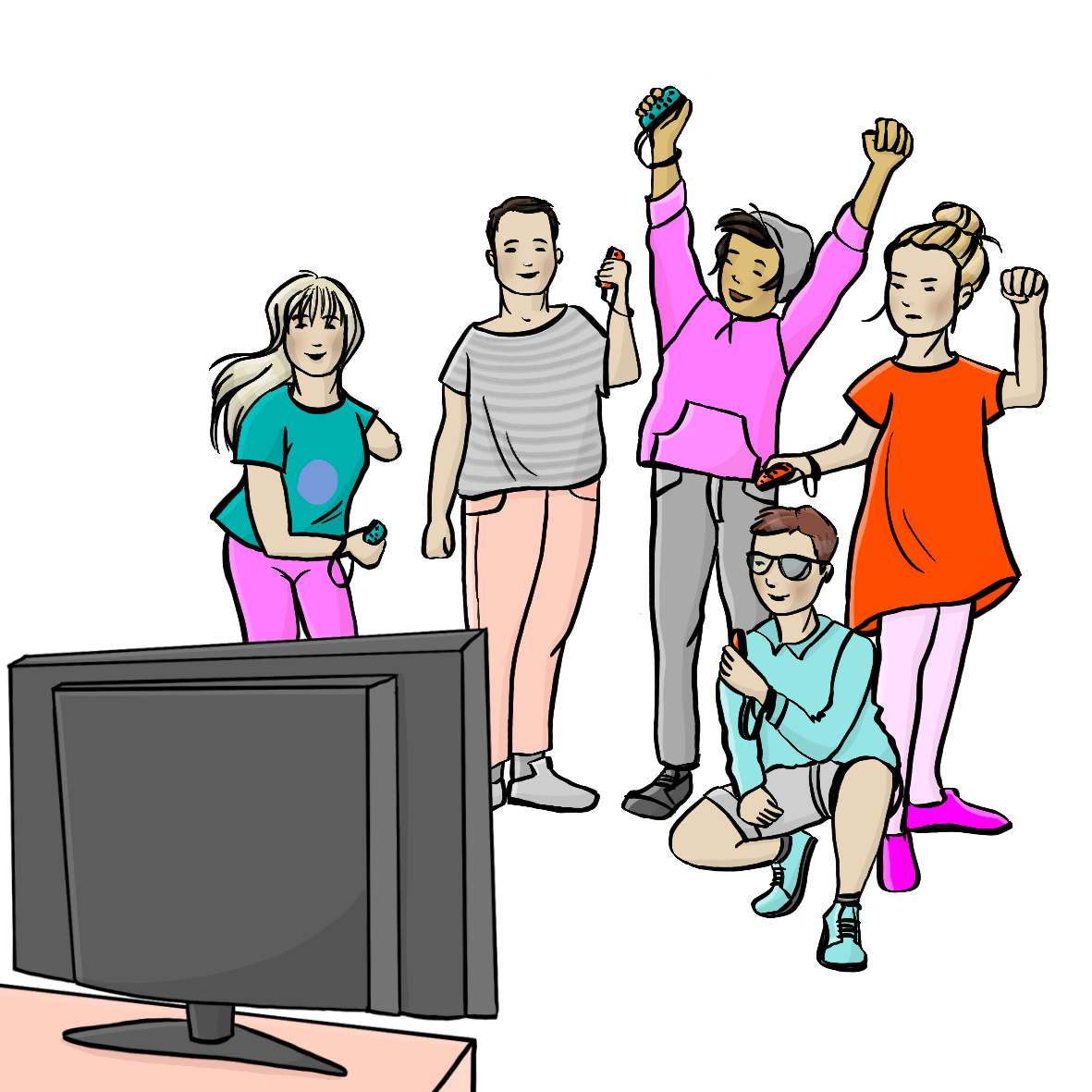 Eine Gruppe Jugendlicher mit verschiedenen Hautfarben. Sie haben Controller für eine Spielkonsole in den Händen. Es sind Jugendliche mit und ohne Behinderung. Ein Junge hat jubelnd die Arme hochgestreckt. Ein Mädchen schaut ärgerlich. Im Vordergrund steht ein Fernseher.