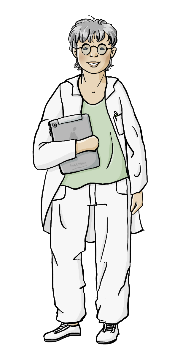 Eine Frau mit weißem Kittel und weißer Hose. Sie hält ein Tablet unter dem Arm.