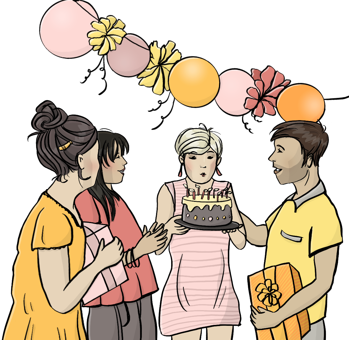Eine Gruppe Menschen mit Geschenken in der Hand. Die Frau in der Mitte bläst die Kerzen auf einer Torte aus. Über der Gruppe hängt eine Girlande mit Luftballons.
