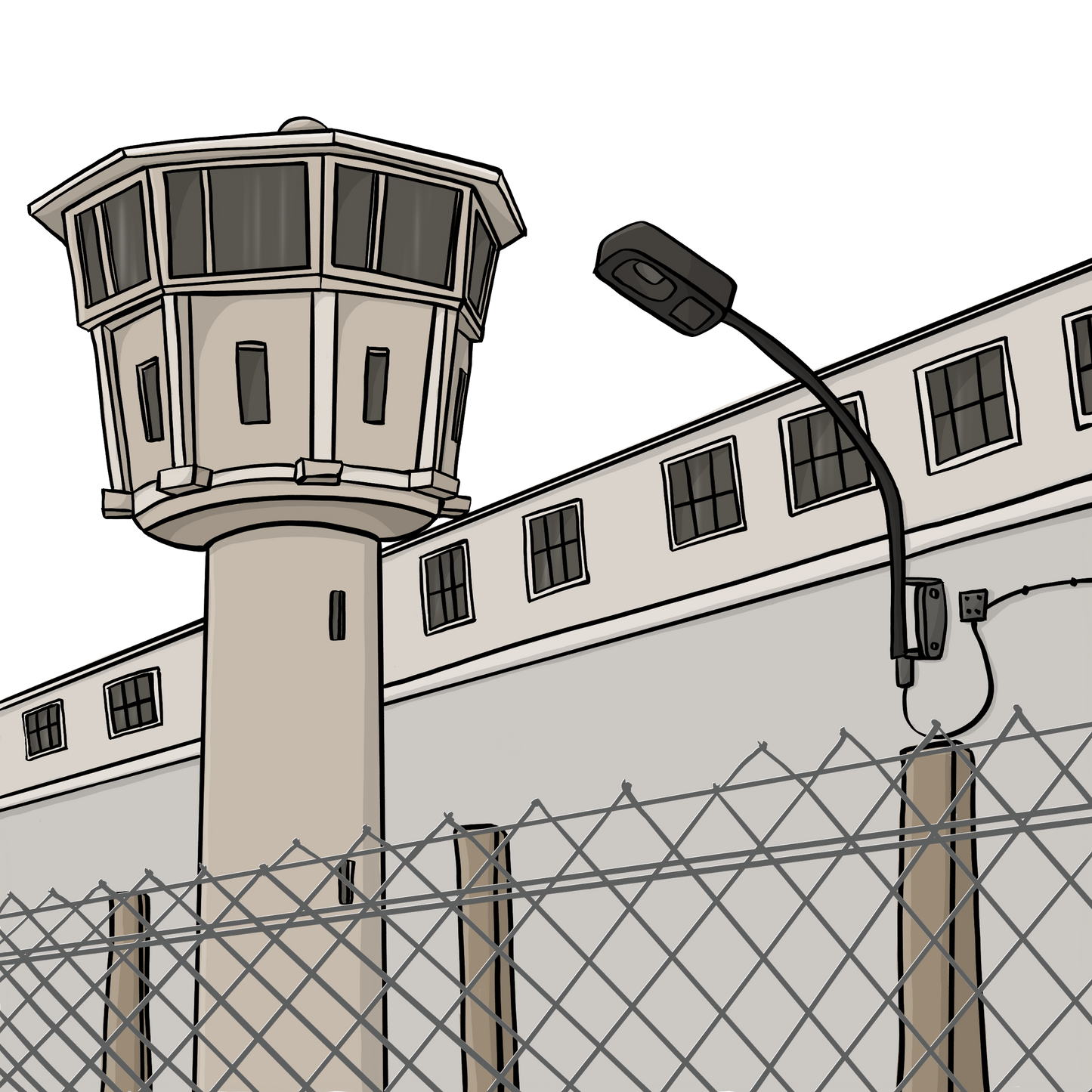 Ein Gebäude hinter einem Maschendraht-Zaun. Im Vordergrund steht ein Wachturm.