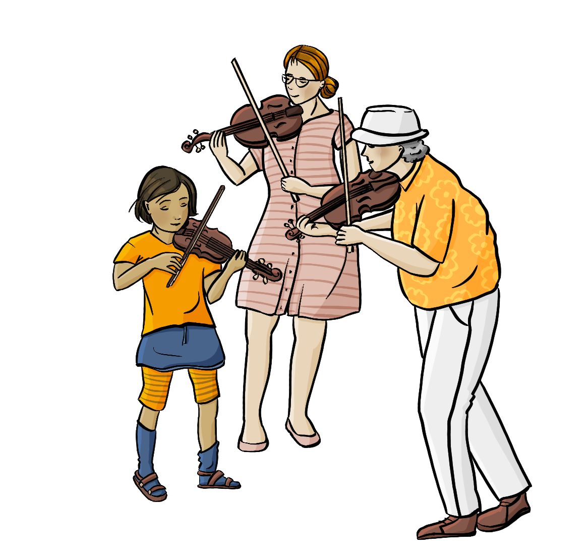 Eine Frau, ein älterer Mann und ein Mädchen spielen zusammen Geige.