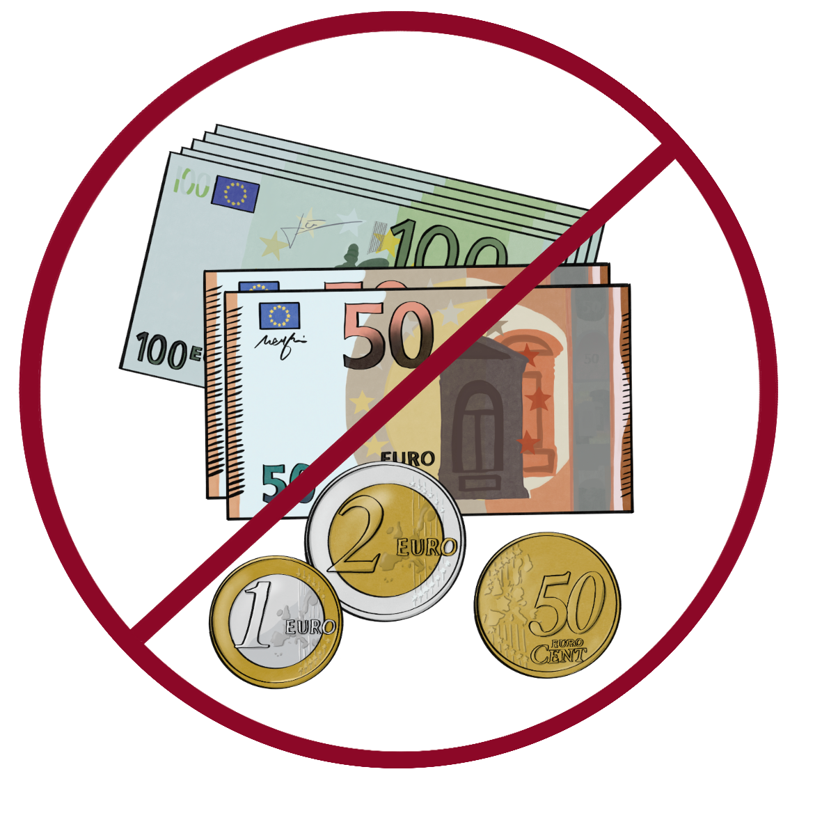 Ein Stapel 100 Euro Scheine, ein Stapel 50 Euro Scheine und etwas Kleingeld. Das Bild ist durchgestrichen.