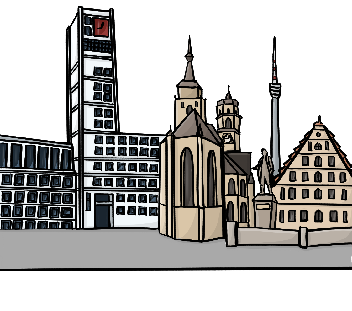 Die Silhouette einer mittelgroßen Stadt.