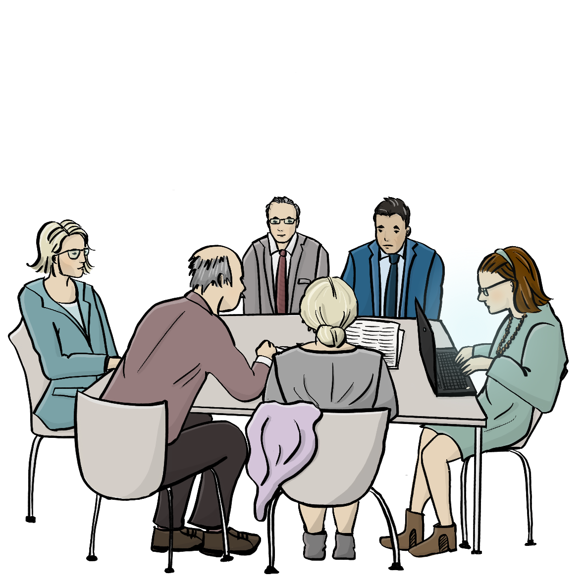 Eine Gruppe Menschen sitzt um einen Tisch herum. Alle sind förmlich gekleidet. Eine Frau schreibt auf einem Laptop.