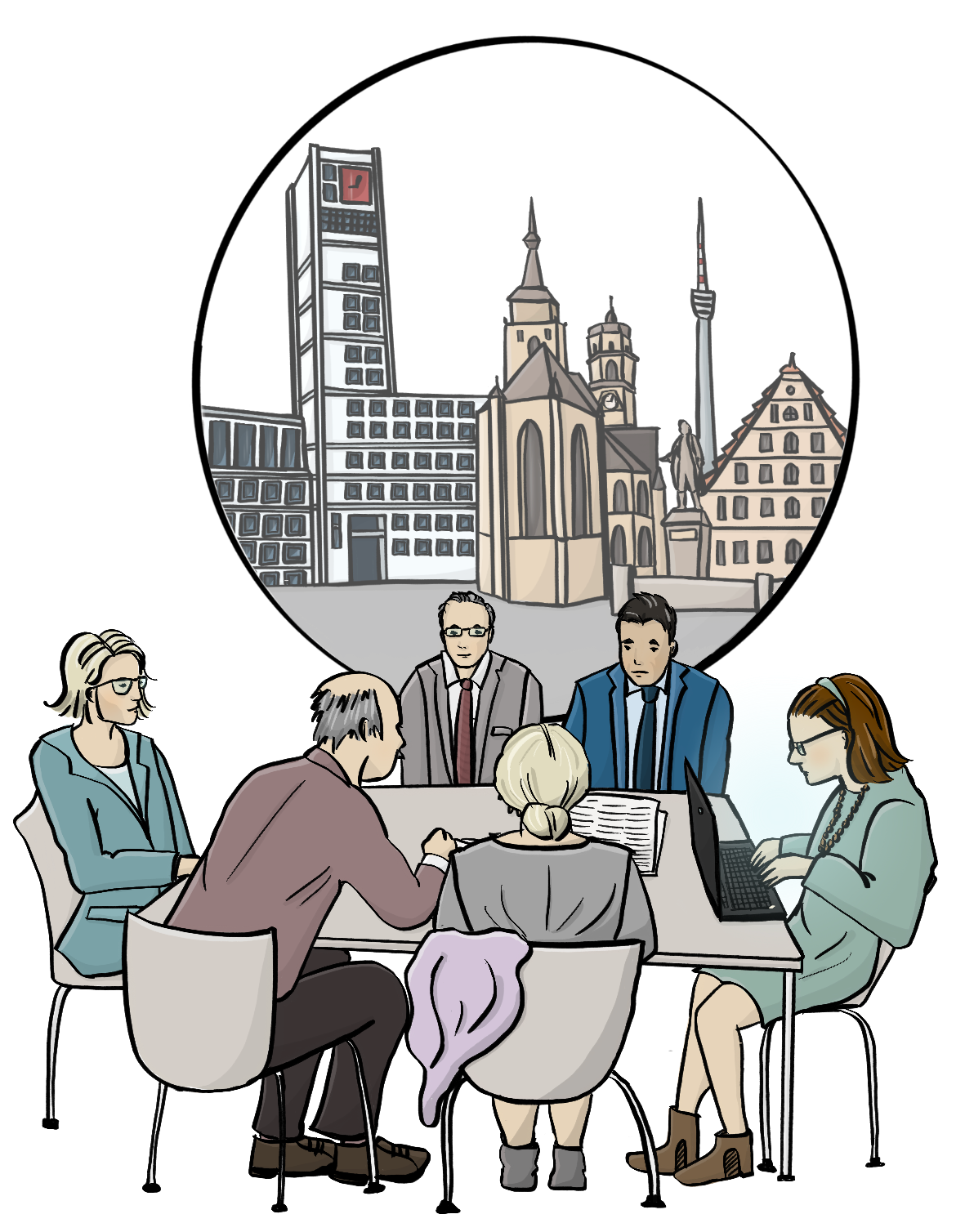 Eine Gruppe Menschen sitzt um einen Tisch herum. Alle sind förmlich gekleidet. Eine Frau schreibt auf einem Laptop. Über dem Bild ist ein Kreis. In dem Kreis ist die Silhouette einer mittelgroßen Stadt.