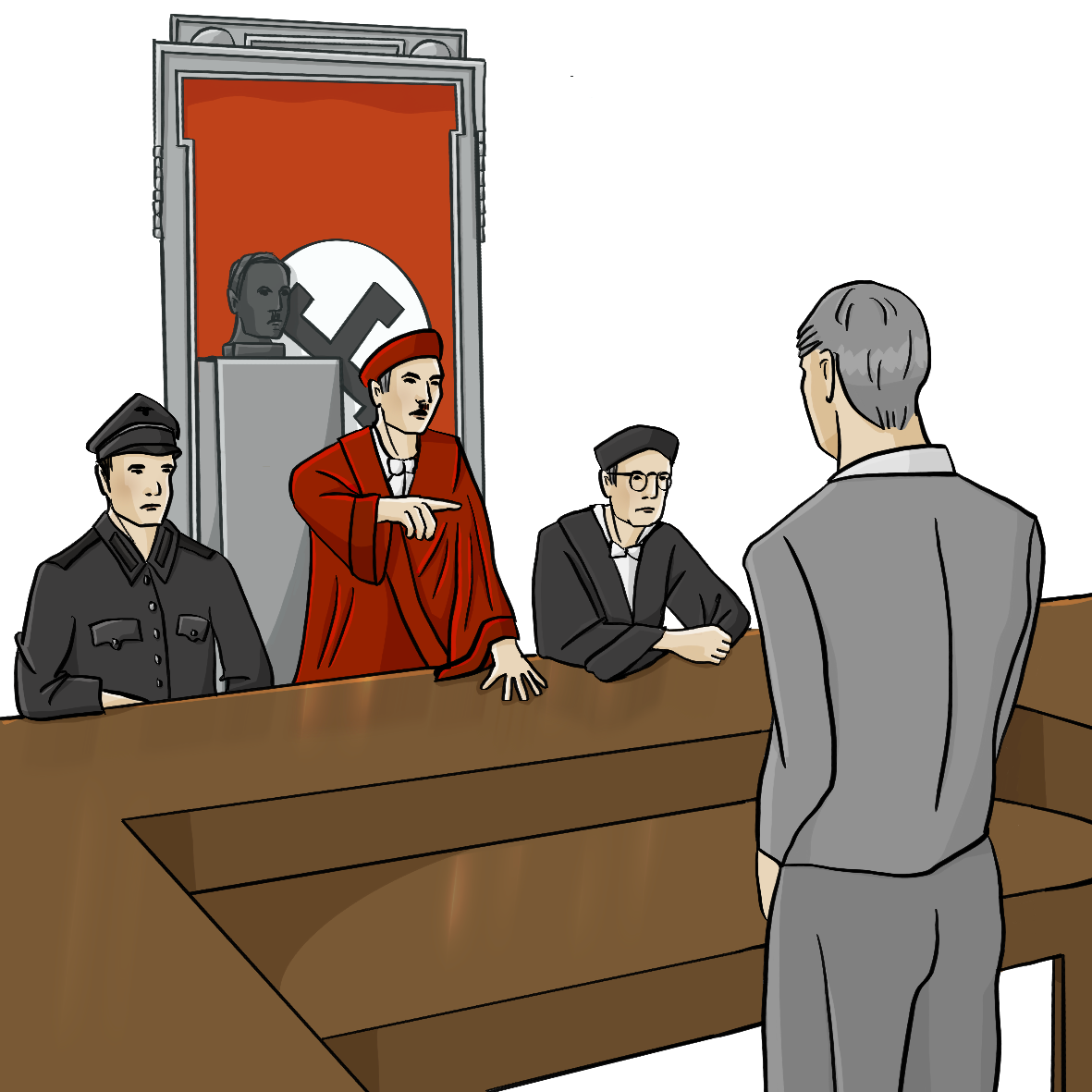 Ein Mann in roter Richterrobe steht hinter einem Tisch und zeigt auf einen Mann gegenüber des Tisches. Links und rechts neben ihm sitzen ein Mann in schwarzer Richter-Robe und ein Mann in NS-Uniform. Im Hintergrund ist verdeckt ein Banner der Nationalsozialisten.